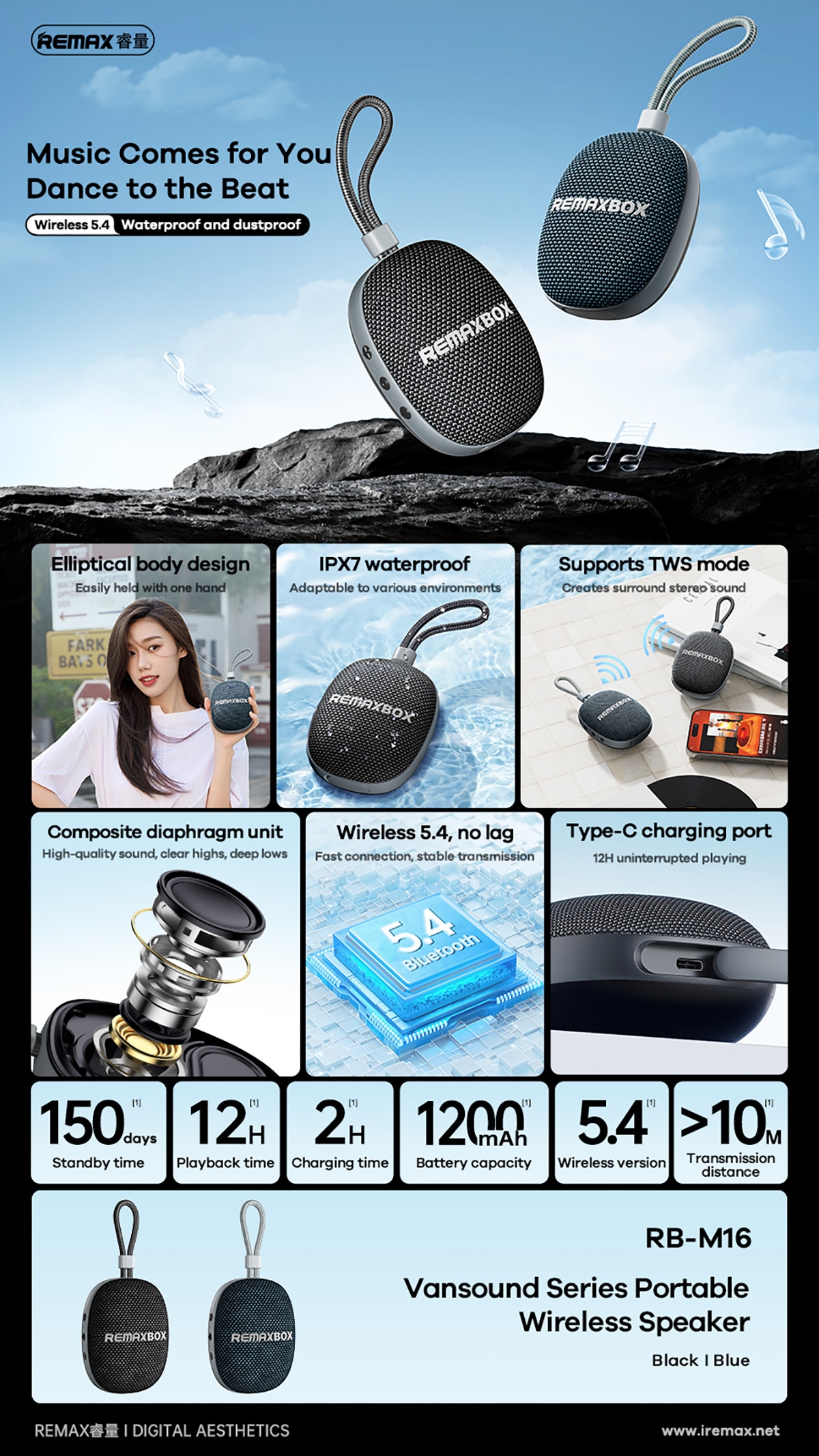 Wireless 5.4 Technology: Fast connection, stable transmission, no lag.
IPX7 Waterproof: Adaptable to various environments, resistant to water and dust.
Supports TWS Mode: Creates surround stereo sound for an immersive music experience.
Composite Diaphragm Unit: High-quality sound with clear highs and deep lows.
Type-C Charging Port: 1200mAh battery for 12 hours of uninterrupted play.
Portable Design: Elliptical body design, easily held with one hand, with a carrying strap.
Long Battery Life: 150 days standby time, 12 hours playback time, 2 hours charging time.
Long Transmission Distance: 5.4 version with a transmission distance greater than 10 meters., Vansound Series Portable Wireless Speaker - Black