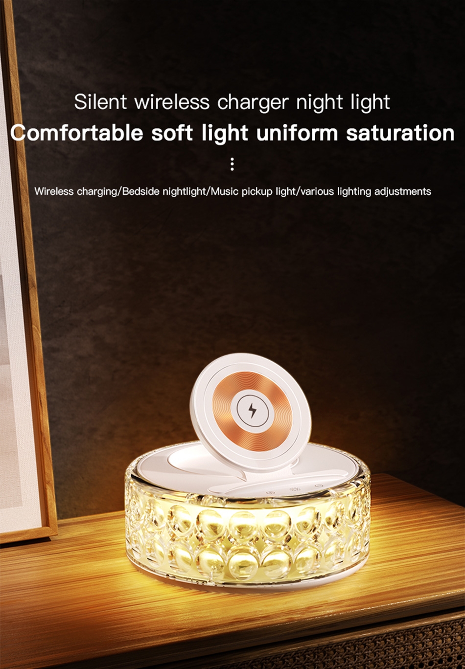 15W Wireless Fast Charging: Supports fast wireless charging, freeing you from charging cables.
Multi-functional Design: Acts as a wireless charger, bedside night light, and music pickup light.
360° Surround Light: Provides a soft and non-dazzling light with a wider illumination range.
Smart Touch Control: Easily turn the light on and off with a simple touch.
Multicolor Lighting: Supports a variety of light color changes for atmospheric decoration.
Large Capacity Battery: 350mAh battery for long-lasting endurance and companionship.
Silent Design: Quiet wireless charging night light with comfortable and evenly saturated soft light.
Portable Size: Compact design that doesn