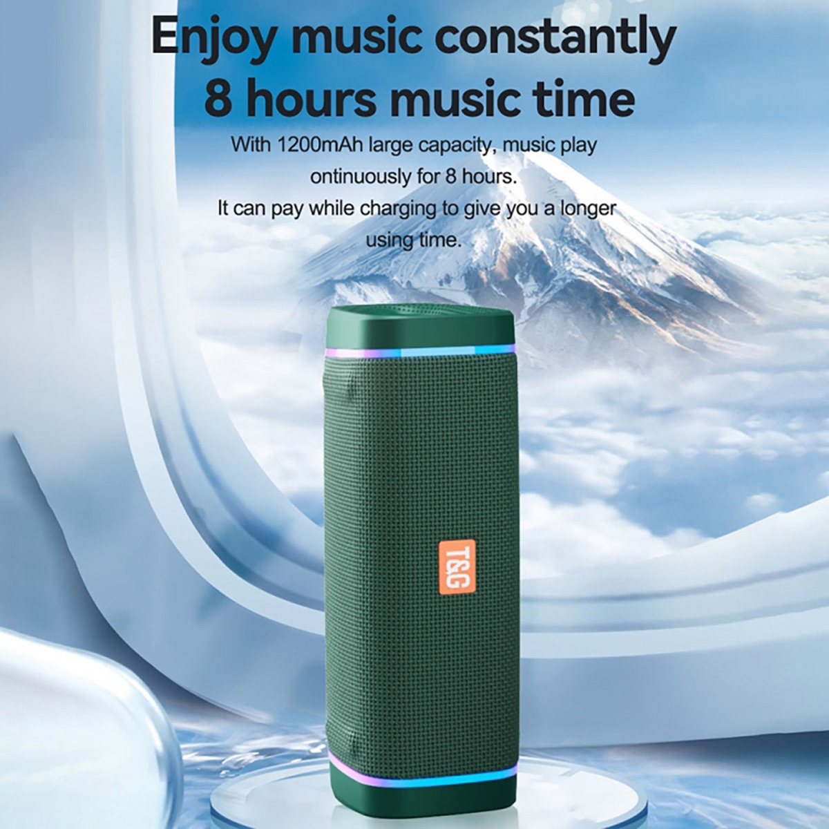 Double bass diaphragm
Strong bass
52mm loudspeaker + metal bass large diaphragm + digitalchip processing technology,the treble is clear, the middle tone is warmand delicate, and the bass is rich and elastic, which createa more full and delicate sound.Long battery life for a whole day
Power upgrade, full capacity 1200 mAh high-grade lithium batteryPlay for about 8 hours at medium volume, and only need about 2 hours for full volume.Enjoy music constantly8 hours music time
With 1200mAh large capacity, music play
ontinuously for 8 hours.
It can pay while charging to give you a longer
using time., T&G Portable Wireless Speaker - Blue
