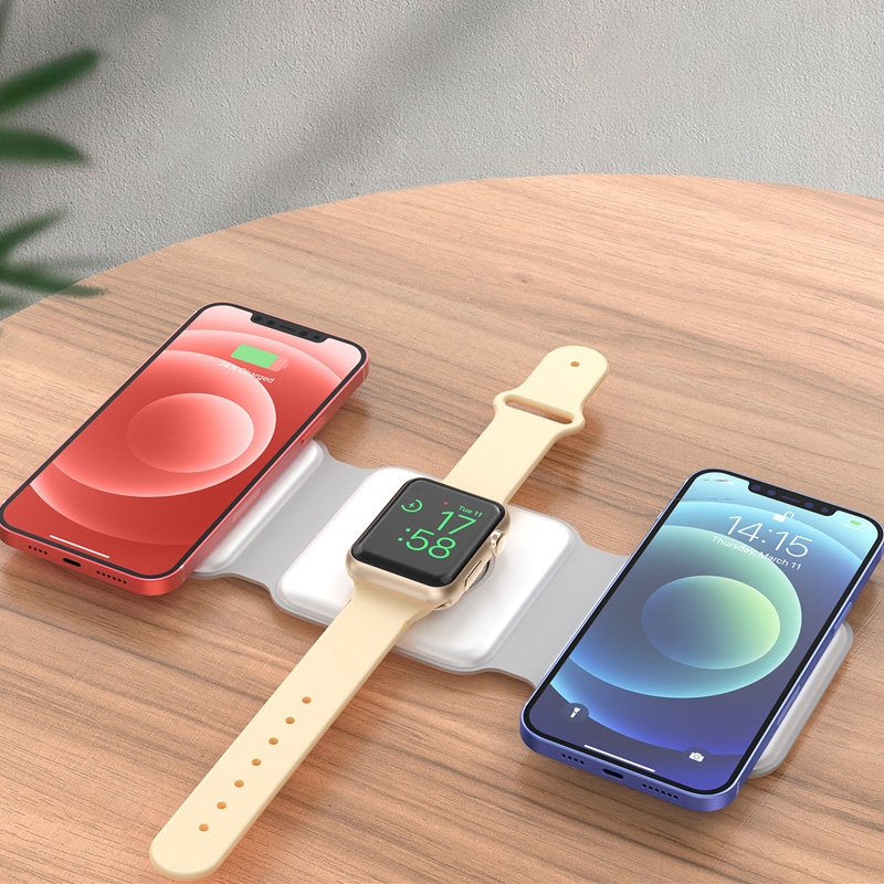 3-in-1 Design: Supports wireless charging for phones, watches, and earbuds, addressing multiple charging needs at once.
Magnetic Attraction: Built-in magnets ensure devices align stably for more efficient charging.
Wireless Charging: No need to plug and unplug cables, simply place the device to start charging, easy and convenient.
Adjustable Angles: Supports a variety of charging positions to meet different usage scenarios.
Safety Protection: Equipped with multiple protection mechanisms such as over-temperature and over-current, ensuring safe charging.
Stylish Appearance: Simple and clean white design, fitting for various home and office environments., 3 in 1 Magnetic Wireless Charger for Mobile phone and watch - White