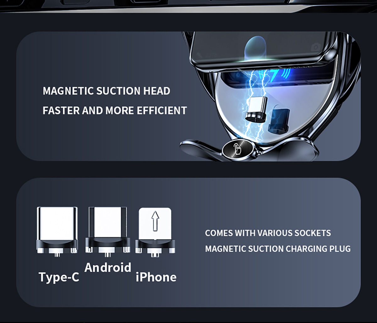 Wireless Fast Charging: Supports 15W wireless fast charging for a convenient charging experience.
Infrared Sensing: One-handed operation with automatic opening and closing for improved convenience.
Magnetic Charging Plug Design: Comes with TYPE-C, Apple, and Android magnetic charging heads, compatible with all phones.
360° Rotation: Flexible rotation to adjust the angle to meet various usage scenarios, including landscape navigation.
Quick Response: Enters wireless charging mode within 0.1 seconds of placing the phone, charging instantly.
Safety Protection: Equipped with a smart chip offering multiple protections such as overcharge, overheating, and overcurrent, ensuring safe charging.
High-Quality Core Components: Uses imported chips, high-quality capacitors, and pure copper coils to enhance charging efficiency and safety., Vehicle Intelligent Wireless Fast Charging - Silver