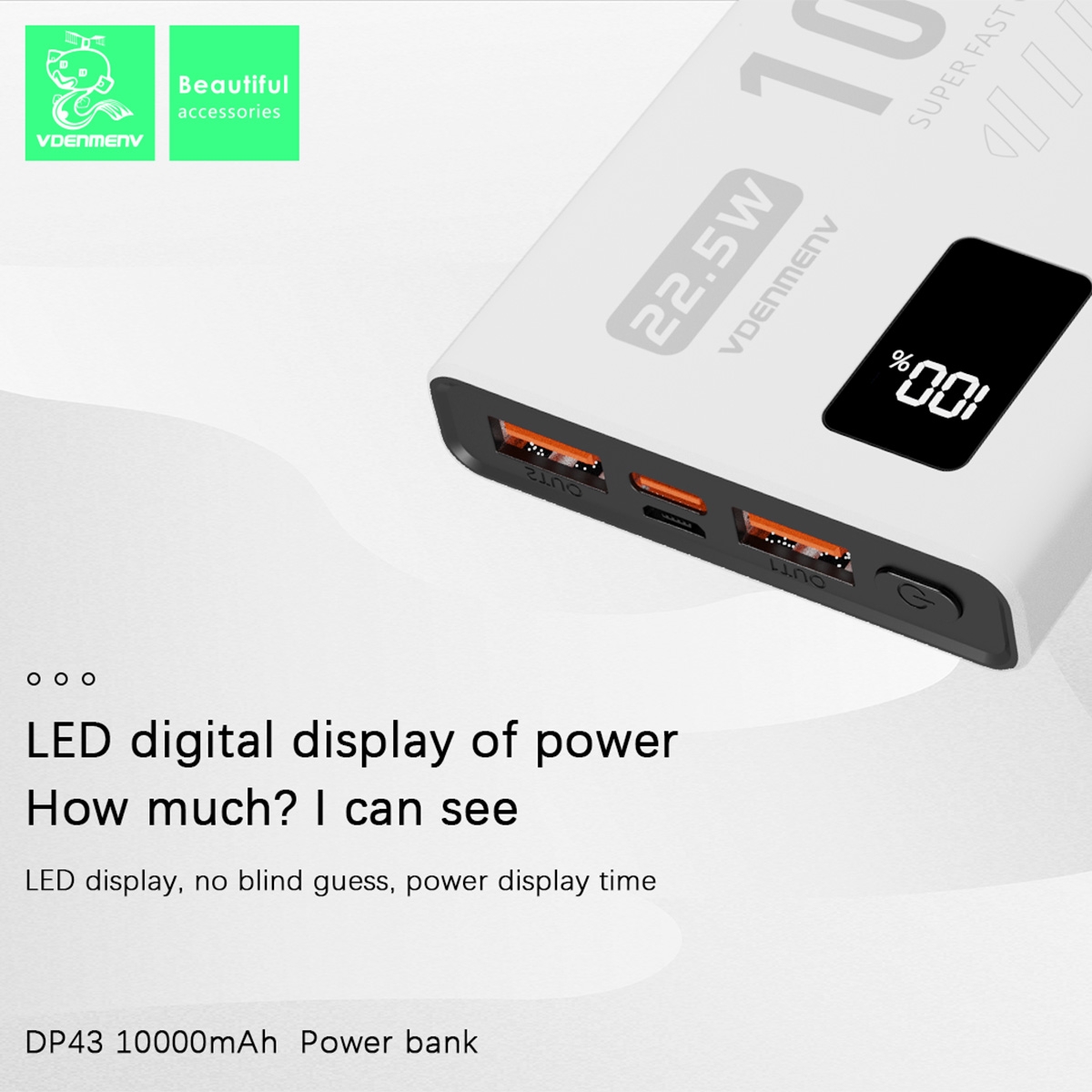 Efficient Charging: 10000mAh capacity with 22.5W super fast charging, quickly charges your devices.
Intelligent Display: Equipped with an LED screen to monitor the remaining power and charging status in real-time.
Safe Battery Cells: Made with high-quality polymer battery cells to ensure safe charging and extend battery life.
Portable Design: Lightweight and portable, with a classic black and white color scheme, suitable for carrying in any situation.
Wide Compatibility: Supports various fast-charging protocols, compatible with a wide range of mainstream smartphones and tablets., PD20W+QC3.0 Fast Charge Power Bank 10000mAh - White