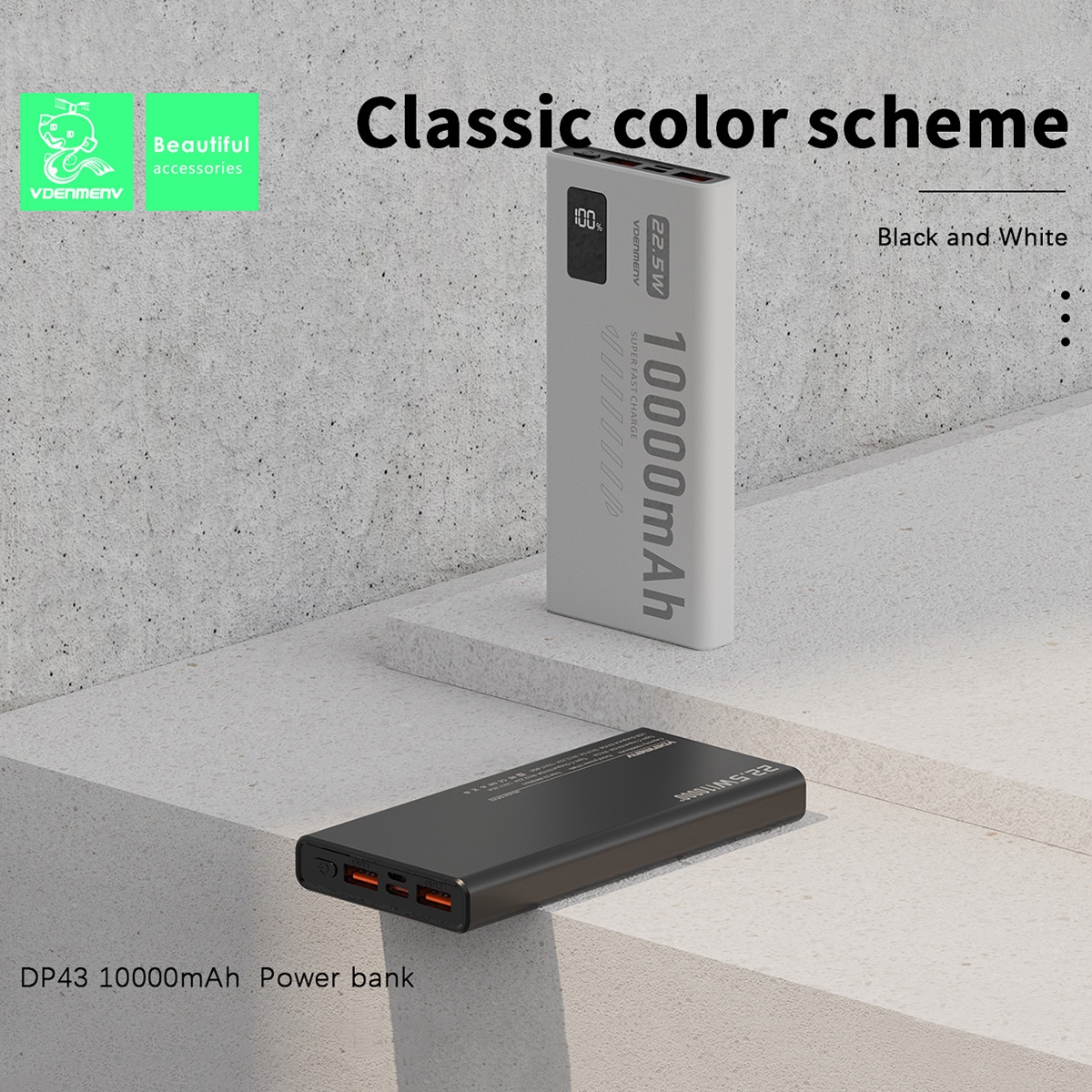 Efficient Charging: 10000mAh capacity with 22.5W super fast charging, quickly charges your devices.
Intelligent Display: Equipped with an LED screen to monitor the remaining power and charging status in real-time.
Safe Battery Cells: Made with high-quality polymer battery cells to ensure safe charging and extend battery life.
Portable Design: Lightweight and portable, with a classic black and white color scheme, suitable for carrying in any situation.
Wide Compatibility: Supports various fast-charging protocols, compatible with a wide range of mainstream smartphones and tablets., PD20W+QC3.0 Fast Charge Power Bank 10000mAh - White