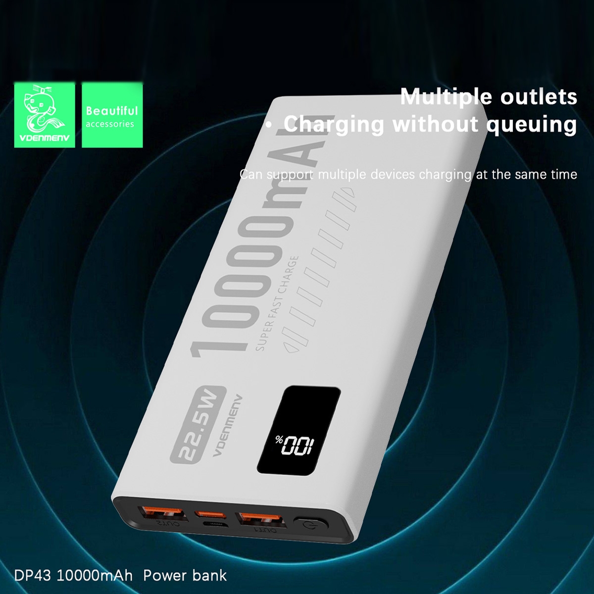 Efficient Charging: 10000mAh capacity with 22.5W super fast charging, quickly charges your devices.
Intelligent Display: Equipped with an LED screen to monitor the remaining power and charging status in real-time.
Safe Battery Cells: Made with high-quality polymer battery cells to ensure safe charging and extend battery life.
Portable Design: Lightweight and portable, with a classic black and white color scheme, suitable for carrying in any situation.
Wide Compatibility: Supports various fast-charging protocols, compatible with a wide range of mainstream smartphones and tablets., PD20W+QC3.0 Fast Charge Power Bank 10000mAh - White