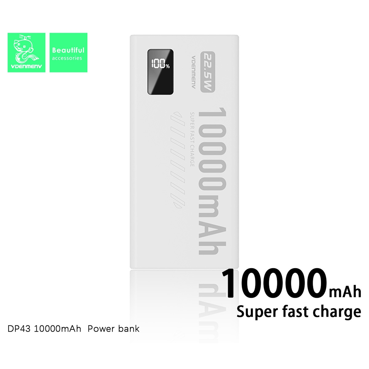 Efficient Charging: 10000mAh capacity with 22.5W super fast charging, quickly charges your devices.
Intelligent Display: Equipped with an LED screen to monitor the remaining power and charging status in real-time.
Safe Battery Cells: Made with high-quality polymer battery cells to ensure safe charging and extend battery life.
Portable Design: Lightweight and portable, with a classic black and white color scheme, suitable for carrying in any situation.
Wide Compatibility: Supports various fast-charging protocols, compatible with a wide range of mainstream smartphones and tablets., PD20W+QC3.0 Fast Charge Power Bank 10000mAh - White