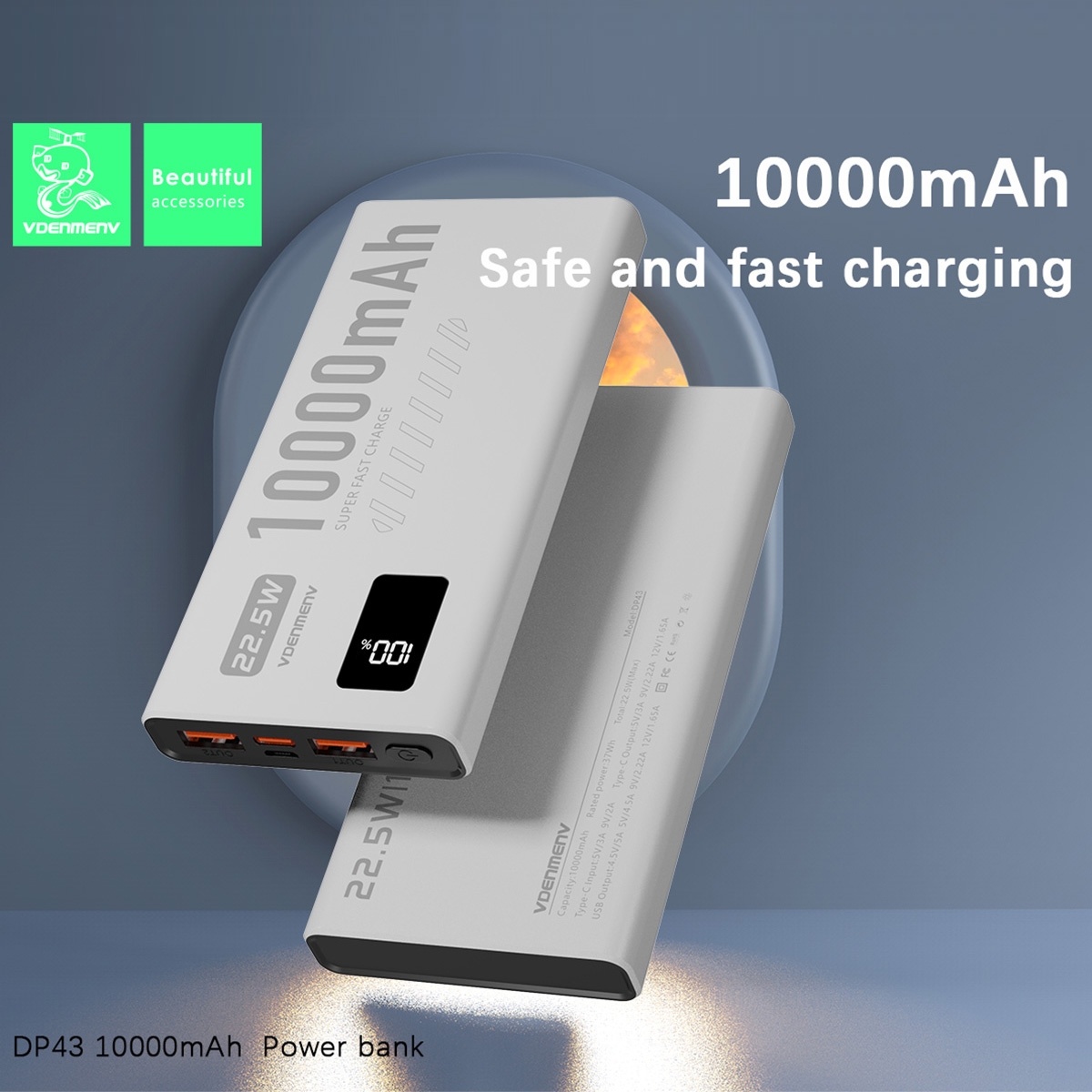 Efficient Charging: 10000mAh capacity with 22.5W super fast charging, quickly charges your devices.
Intelligent Display: Equipped with an LED screen to monitor the remaining power and charging status in real-time.
Safe Battery Cells: Made with high-quality polymer battery cells to ensure safe charging and extend battery life.
Portable Design: Lightweight and portable, with a classic black and white color scheme, suitable for carrying in any situation.
Wide Compatibility: Supports various fast-charging protocols, compatible with a wide range of mainstream smartphones and tablets., PD20W+QC3.0 Fast Charge Power Bank 10000mAh - White