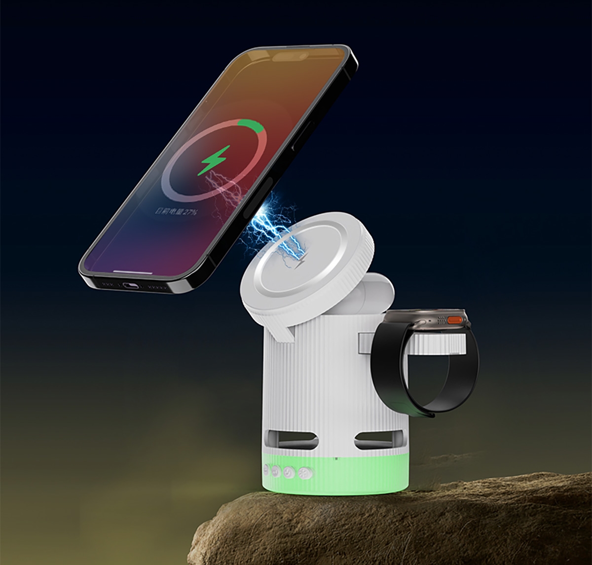 Product Model: compatible with Apple series, Android series, Airpods, and all iWatch models.
15W high-speed wireless charging for a quick charge experience for iPhone 12 to 15 series.
Built-in Bluetooth speaker for music enjoyment while charging.
RGB ambient lighting with Bluetooth speaker for a personalized charging atmosphere.
4-in-1 multifunctional design supporting phone, Bluetooth earbuds, watch, and Bluetooth speaker, all-in-one charging solution.
Foldable design for portability and suitability for various charging scenarios.
Intelligent temperature control system to ensure device safety and prevent overheating during charging.
Hidden watch charging dock for convenient on-the-go watch charging.
N52 strong magnetic design to keep the phone stable and prevent slipping during charging.
Simultaneous charging for multiple devices to improve charging efficiency and save time.
CE certified to ensure product quality and safety.
Supports QC3.0 fast charging protocol, compatible with a variety of fast-charging devices., 4 in 1 Folding Wireless Charging (Bluetooth audio pairing) - White