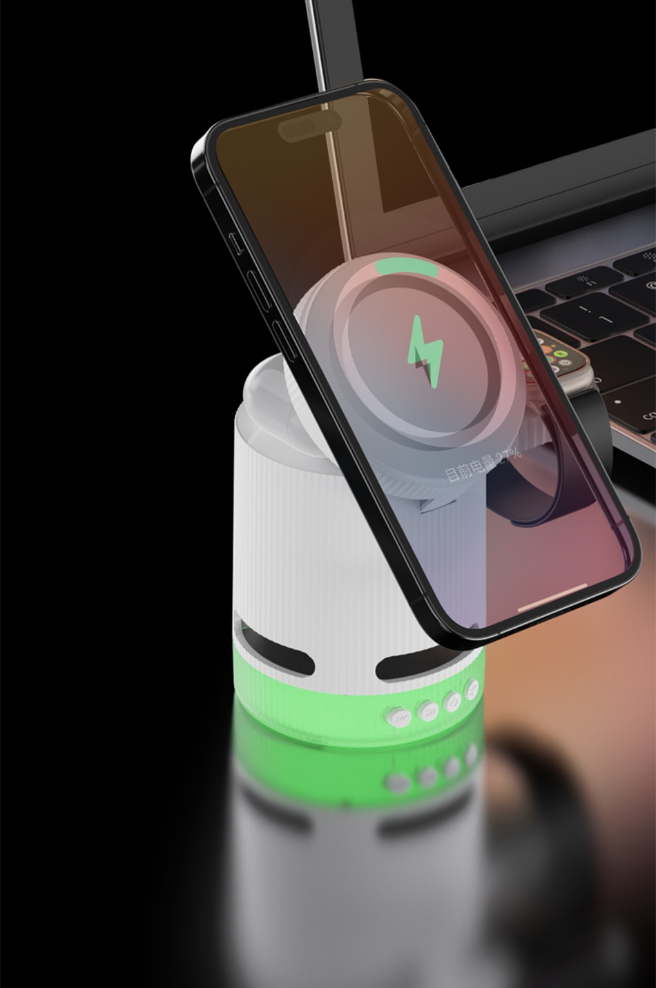 Product Model: compatible with Apple series, Android series, Airpods, and all iWatch models.
15W high-speed wireless charging for a quick charge experience for iPhone 12 to 15 series.
Built-in Bluetooth speaker for music enjoyment while charging.
RGB ambient lighting with Bluetooth speaker for a personalized charging atmosphere.
4-in-1 multifunctional design supporting phone, Bluetooth earbuds, watch, and Bluetooth speaker, all-in-one charging solution.
Foldable design for portability and suitability for various charging scenarios.
Intelligent temperature control system to ensure device safety and prevent overheating during charging.
Hidden watch charging dock for convenient on-the-go watch charging.
N52 strong magnetic design to keep the phone stable and prevent slipping during charging.
Simultaneous charging for multiple devices to improve charging efficiency and save time.
CE certified to ensure product quality and safety.
Supports QC3.0 fast charging protocol, compatible with a variety of fast-charging devices., 4 in 1 Folding Wireless Charging (Bluetooth audio pairing) - White