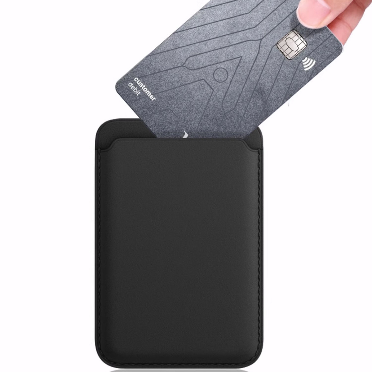 Premium Faux Leather Material: Made from high-quality faux leather, offering a comfortable touch and durability.
Magnetic Design: Equipped with built-in magnets for easy attachment and detachment of your phone, while also protecting it from drops.
Multi-functional Protection: Not only protects your phone but also holds bank cards, ID cards, and other small items, versatile and practical.
Simple and Elegant Style: The design is simple and elegant, suitable for various occasions, showcasing your fashion sense.
Lightweight and Portable: With dimensions of 6.3cm{star}9.3cm and a weight of only 27 grams, it is easy to carry and does not add extra burden., Leather Magnetic Card Wallet Holder - Black