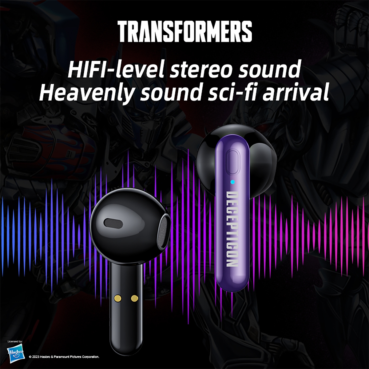 HIFI-level Stereo Sound: Enjoy heavenly sci-fi sound quality.
Master-Slave Free Switching: Headphones can be used separately for flexibility.
Wireless 5.3 Connection: Offers more stable and faster connectivity.
Rotating Light Effect: Adds cool visual effects.
Sound & Picture Synchronization: Ensures perfect sync for gaming and videos.
HIFI Stereo Sound Quality: Metal diaphragm for purer sound.
Long Battery Life: Charges in about 1.5 hours, standby time up to 160 hours, playtime up to 20 hours.
Transparent Cover Design: Shows internal structure, tech-savvy.
HD Call: Clear communication, no barriers in conversation.
Comfortable to Wear: Ergonomic design for long-lasting comfort.
Multi-System Compatibility: Supports Android, Windows, and iOS systems., Transformers TWS Earbuds - Purple