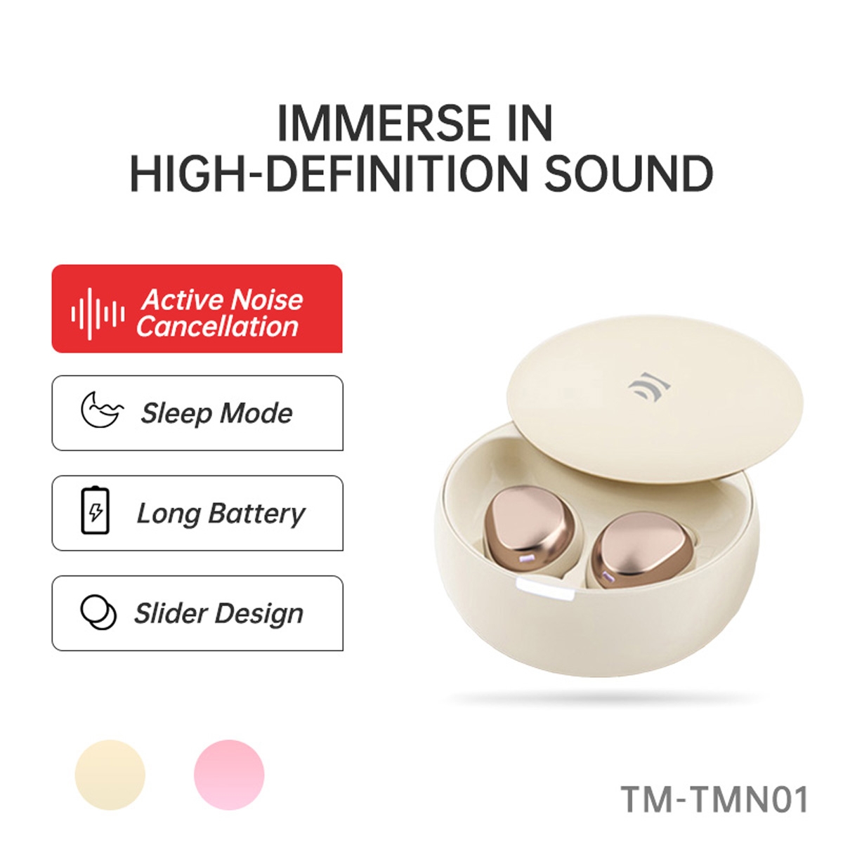 Sakura Pink Design: Stylish and cute, suitable for various styles.
IPX4 Waterproof: Fearless of sweat and rain, perfect for sports use.
Lightweight and Compact: Each earbud weighs only 3g, and the charging case is just 30g, making it easy to carry.
Powerful Hi-Fi Sound: Provides strong high-fidelity sound quality for an immersive music experience.
Four Modes: Including ANC mode, music/game/sleep mode, catering to different scenarios.
Ultra-long Battery Life: Offers 20 hours of battery life with the charging case, and 5 hours on a single charge.
Ultra-fast Charging: Quick charging technology reduces waiting time.
Smart Touch Control: Easy-to-use touch control for music and call management.
Active Noise Cancellation: Reduces ambient noise for clearer calls., UiDEAL TrueMe Buds - Yellow