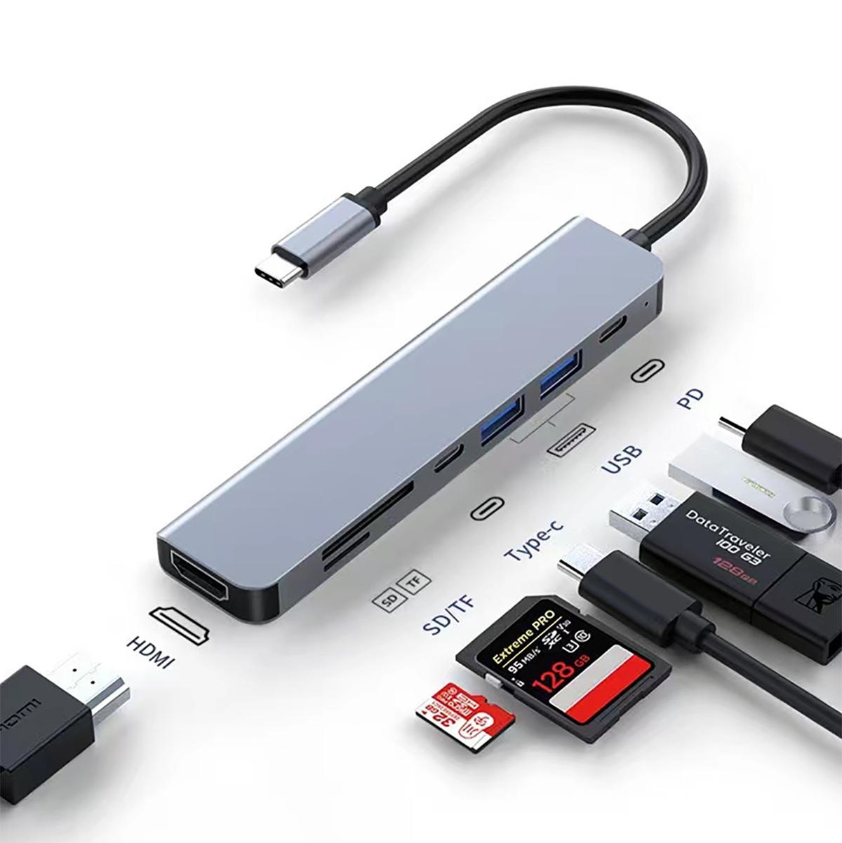 Multi-Port Integration: Combines HDMI, SD/TF card slots, Type-C, USB 2.0, USB 3.0, and PD charging in one, meeting various device connection needs.
High-Definition Video Output: Supports 4K high-definition video output for an immersive visual experience.
High-Speed Data Transfer: USB 3.0 port ensures fast data transfer, enhancing work efficiency.
Portable Design: Lightweight and easy to carry, making it suitable for business travel and on-the-go office work.
Wide Compatibility: Compatible with a variety of USB-C devices, such as laptops, tablets, etc., 7 in 1 Intelligence Extension (HDTV+SD/TF+Type C+USB 2.0+USB3.0+PD) - Space Gray