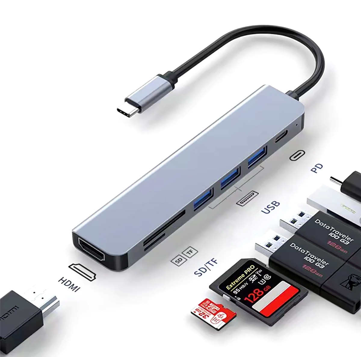7 in 1 Multifunction: Integrates Type-C, PD charging, 3 USB ports, SD/TF card slots, and an HDTV interface for various device connections.
High-Definition Video Output: Supports HDTV interface for connecting to TVs or monitors for an enhanced video experience.
Fast Charging: PD charging port for quick and efficient power supply to devices.
Multi-Device Compatibility: Compatible with a wide range of operating systems including Windows, Mac OS, Linux, and Android.
Portable Design: Lightweight and easy to carry, making it suitable for business trips and everyday use., 7 in 1 Type C to HDTV Adapter (Type C+PD+3 Ports USB+SD/TF+HDTV) - Space Gray