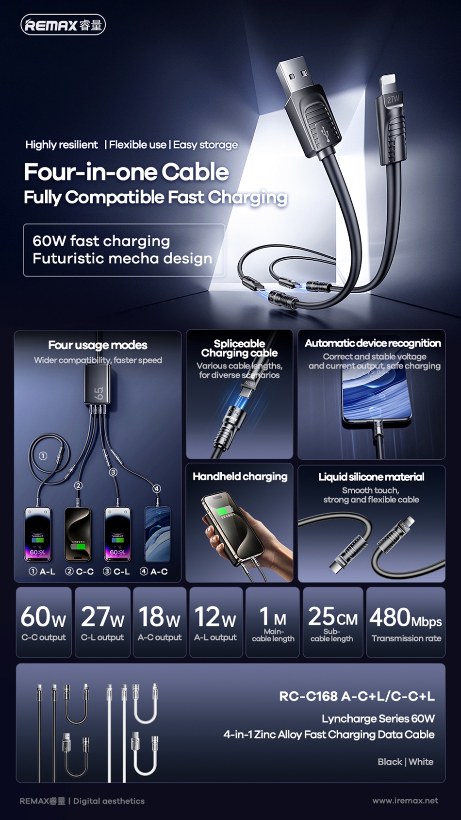 60W Fast Charging: Supports fast charging for multiple devices, enhancing charging speed.
Four Usage Modes: Wider compatibility, suitable for various devices including A-L, C-C, C-L, A-C.
Spliceable Charging Cable: Various cable lengths for diverse scenarios.
Automatic Device Recognition: Ensures stable voltage and current output for safe charging.
Handheld Charging: Convenient for on-the-go charging needs.
Liquid Silicone Material: Smooth touch, strong and flexible cable.
Stylish Design: Futuristic mecha design, available in black and white., 4-In-1 Zinc Alloy Fast Charging Date Cable -Black