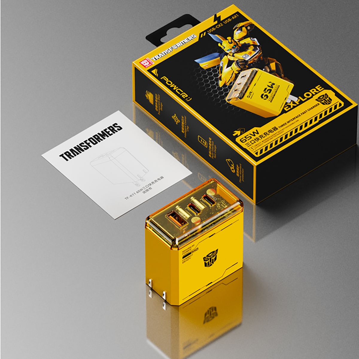 Maximum Power Output: 65W maximum power output to meet the charging needs of multiple devices simultaneously.
Multi-Port Design: Equipped with two Type-C ports and one USB-A port, supporting charging for various devices.
Fast Charging: Supports PD3.0 fast charging protocol, with Type-C1 and Type-C2 ports offering a maximum output of 60W, and the USB-A port offering a maximum output of 22.5W.
Smart Identification: Automatically identifies the current required by the device to protect battery health.
Safety Assurance: Built-in multiple safety protection mechanisms, including overvoltage, overcurrent, and overheating protection.
Portable Design: Compact and lightweight, suitable for travel.
Stylish Appearance: Features a Transformers-themed design, cool-looking and showcasing personality., Transformers USB-A+Type-C+Type-C Charger - Yellow