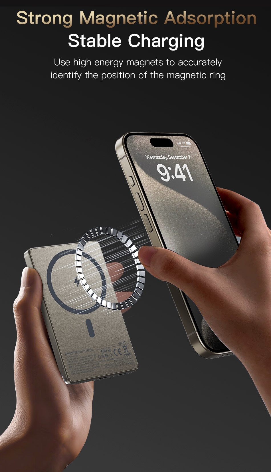 Ultra-thin Design: 50% reduction in volume, only half the size of iPhone 15 Pro Max, easy to carry.
Aluminum Alloy Shell: As thin and light as a smartphone, offering a premium feel and durability.
20W Super Fast Charge: Charge 60% in 30 minutes, supports Apple and Android systems, uses PD fast charge protocol.
Strong Magnetic Adsorption: High-energy magnets accurately identify the magnetic ring position for stable charging.
Wired and Wireless Charging Modes: Can switch randomly, wired fast charge (20W Max) and wireless fast charge (15W Max).
Product Details: LED indicator, wireless charging key, original design, reflecting quality.
Multiple Color Options: Available in gold and black, catering to different aesthetic preferences., WiWU Geek 90W PD+QC Kirsite Multi-Port Fast Car Charger with Lightning Cable - Translucent Black