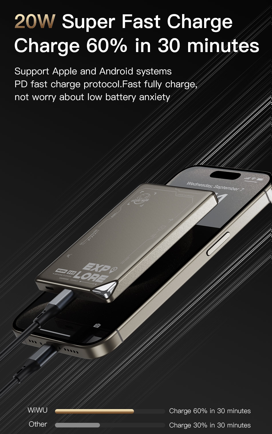 Ultra-thin Design: 50% reduction in volume, only half the size of iPhone 15 Pro Max, easy to carry.
Aluminum Alloy Shell: As thin and light as a smartphone, offering a premium feel and durability.
20W Super Fast Charge: Charge 60% in 30 minutes, supports Apple and Android systems, uses PD fast charge protocol.
Strong Magnetic Adsorption: High-energy magnets accurately identify the magnetic ring position for stable charging.
Wired and Wireless Charging Modes: Can switch randomly, wired fast charge (20W Max) and wireless fast charge (15W Max).
Product Details: LED indicator, wireless charging key, original design, reflecting quality.
Multiple Color Options: Available in gold and black, catering to different aesthetic preferences., WiWU Geek 90W PD+QC Kirsite Multi-Port Fast Car Charger with Lightning Cable - Translucent Black