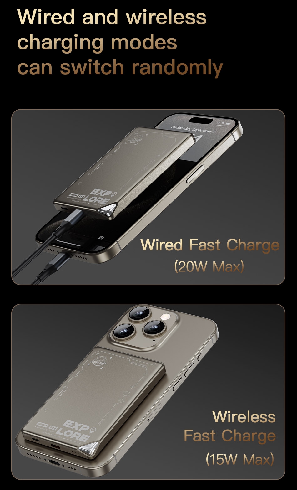 Ultra-thin Design: 50% reduction in volume, only half the size of iPhone 15 Pro Max, easy to carry.
Aluminum Alloy Shell: As thin and light as a smartphone, offering a premium feel and durability.
20W Super Fast Charge: Charge 60% in 30 minutes, supports Apple and Android systems, uses PD fast charge protocol.
Strong Magnetic Adsorption: High-energy magnets accurately identify the magnetic ring position for stable charging.
Wired and Wireless Charging Modes: Can switch randomly, wired fast charge (20W Max) and wireless fast charge (15W Max).
Product Details: LED indicator, wireless charging key, original design, reflecting quality.
Multiple Color Options: Available in gold and black, catering to different aesthetic preferences., WiWU Geek 90W PD+QC Kirsite Multi-Port Fast Car Charger with Lightning Cable - Translucent Black