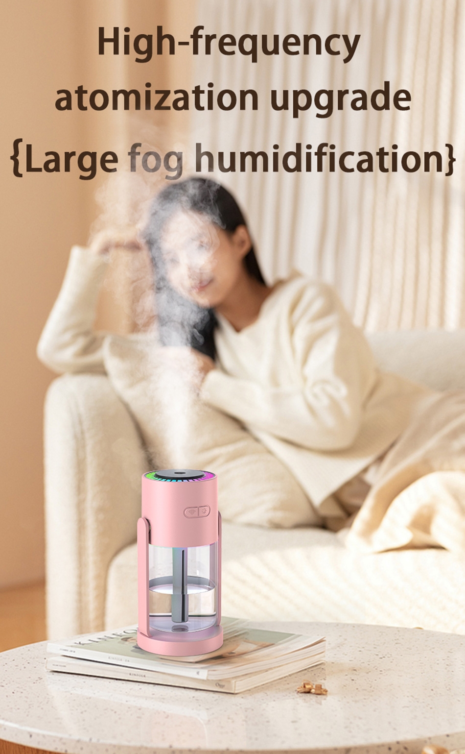 Two spray modes with one-button switch: continuous spray/intermittent spray.
High-frequency atomization upgrade for large fog humidification, providing deeper moisturizing.
Shaking head humidification, breaking limitations, rotating to cover a wider area.
Colorful ambient lighting, multi-purpose lighting to add romance to your life.
Powered by USB Type-C for easy and fast charging, suitable for home and car use.
Low noise design for quiet hydration, comfortable for the skin, with a working noise level of less than 39dB.
Suitable for all seasons, providing 365 days of continuous hydration, ideal for bedrooms, living rooms, offices, and more., Shaking Head Colorful Humidefier - Pink