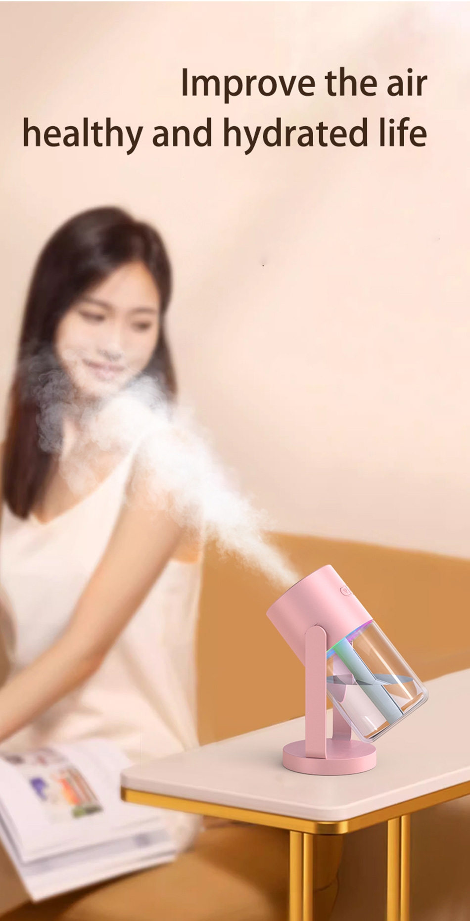Two spray modes with one-button switch: continuous spray/intermittent spray.
High-frequency atomization upgrade for large fog humidification, providing deeper moisturizing.
Shaking head humidification, breaking limitations, rotating to cover a wider area.
Colorful ambient lighting, multi-purpose lighting to add romance to your life.
Powered by USB Type-C for easy and fast charging, suitable for home and car use.
Low noise design for quiet hydration, comfortable for the skin, with a working noise level of less than 39dB.
Suitable for all seasons, providing 365 days of continuous hydration, ideal for bedrooms, living rooms, offices, and more., Shaking Head Colorful Humidefier - Pink
