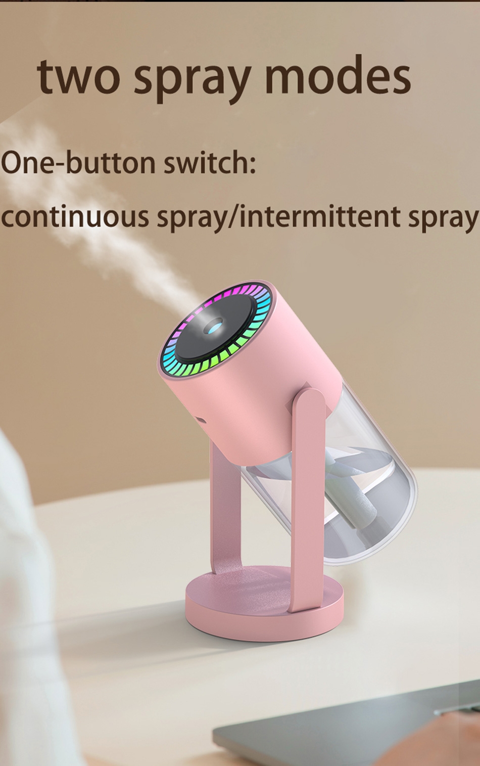 Two spray modes with one-button switch: continuous spray/intermittent spray.
High-frequency atomization upgrade for large fog humidification, providing deeper moisturizing.
Shaking head humidification, breaking limitations, rotating to cover a wider area.
Colorful ambient lighting, multi-purpose lighting to add romance to your life.
Powered by USB Type-C for easy and fast charging, suitable for home and car use.
Low noise design for quiet hydration, comfortable for the skin, with a working noise level of less than 39dB.
Suitable for all seasons, providing 365 days of continuous hydration, ideal for bedrooms, living rooms, offices, and more., Shaking Head Colorful Humidefier - Pink