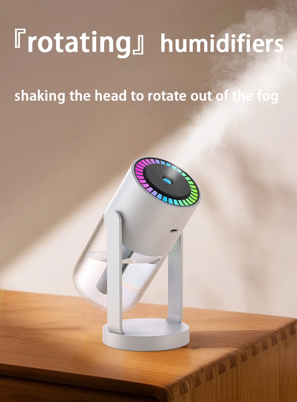 Two spray modes with one-button switch: continuous spray/intermittent spray.
High-frequency atomization upgrade for large fog humidification, providing deeper moisturizing.
Shaking head humidification, breaking limitations, rotating to cover a wider area.
Colorful ambient lighting, multi-purpose lighting to add romance to your life.
Powered by USB Type-C for easy and fast charging, suitable for home and car use.
Low noise design for quiet hydration, comfortable for the skin, with a working noise level of less than 39dB.
Suitable for all seasons, providing 365 days of continuous hydration, ideal for bedrooms, living rooms, offices, and more., Shaking Head Colorful Humidefier - White