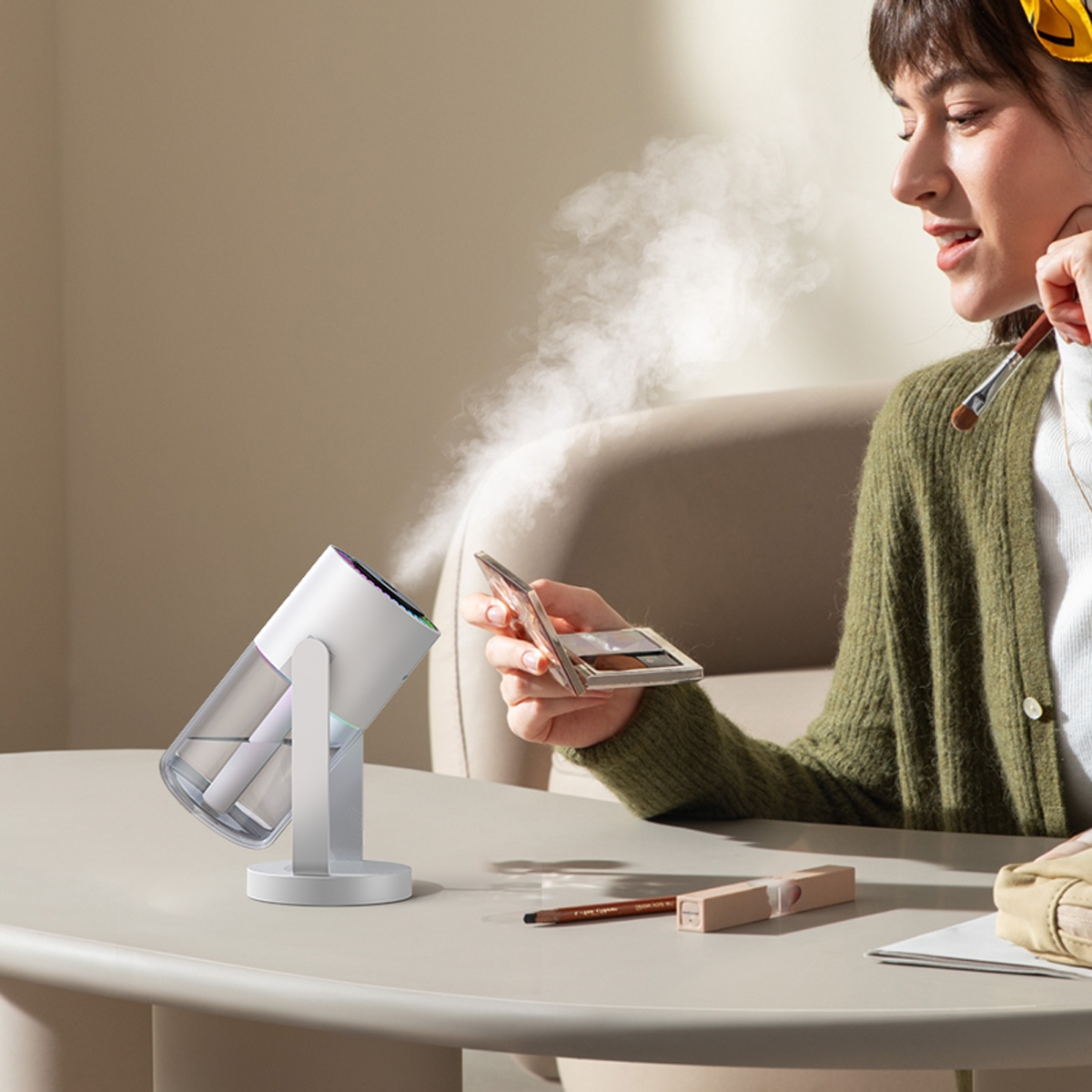 Two spray modes with one-button switch: continuous spray/intermittent spray.
High-frequency atomization upgrade for large fog humidification, providing deeper moisturizing.
Shaking head humidification, breaking limitations, rotating to cover a wider area.
Colorful ambient lighting, multi-purpose lighting to add romance to your life.
Powered by USB Type-C for easy and fast charging, suitable for home and car use.
Low noise design for quiet hydration, comfortable for the skin, with a working noise level of less than 39dB.
Suitable for all seasons, providing 365 days of continuous hydration, ideal for bedrooms, living rooms, offices, and more., Shaking Head Colorful Humidefier - White