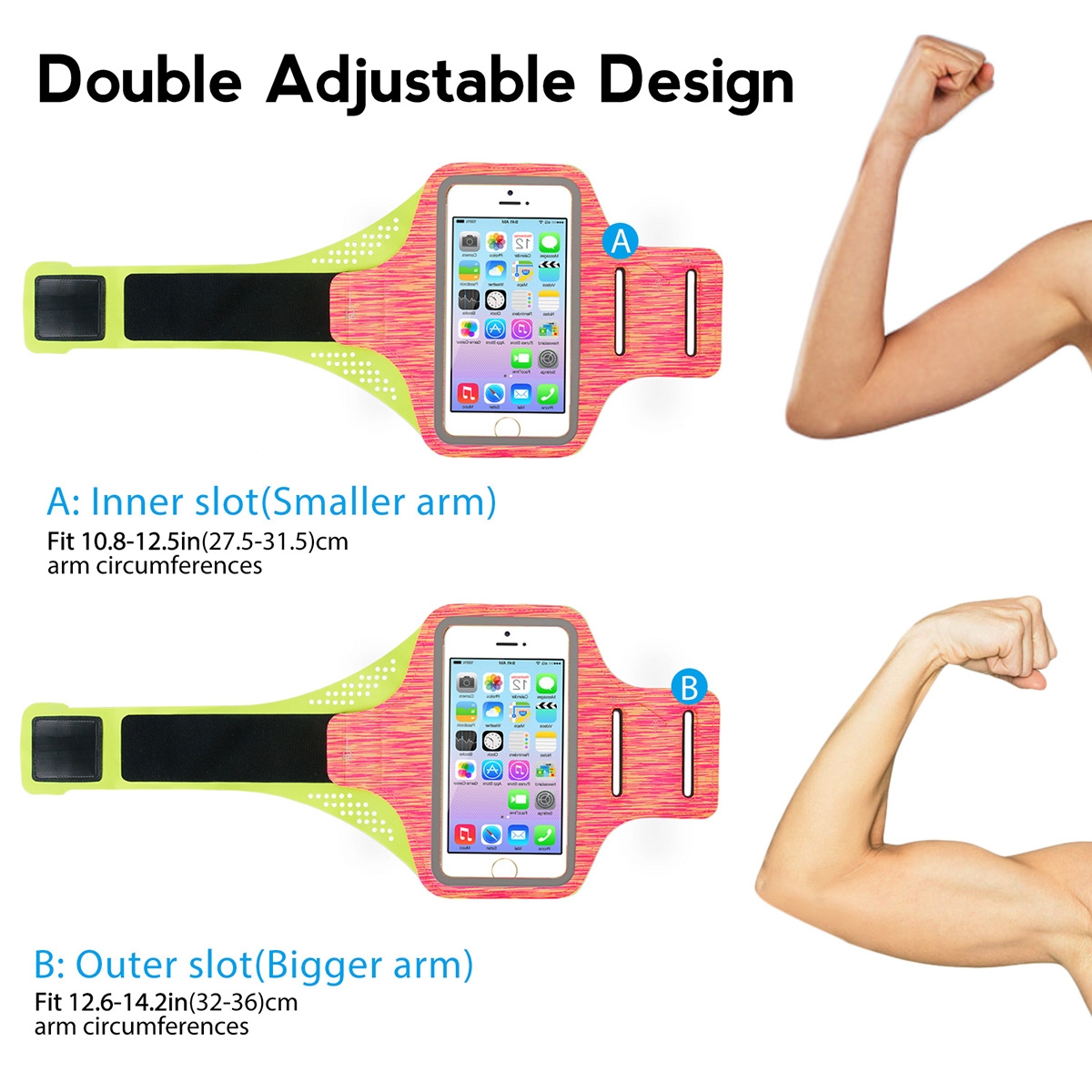 High Elastic Armband: Ideal for jogging, hiking, cycling, etc., keeping your hands free.
Double Adjustable Design: Dual-slot design fits different arm sizes for a more comfortable fit.
Safety Feature: Built-in reflective strip for increased visibility in low-light conditions.
Wide Compatibility: Suitable for 5.2-6.0 cell phones, meeting most users