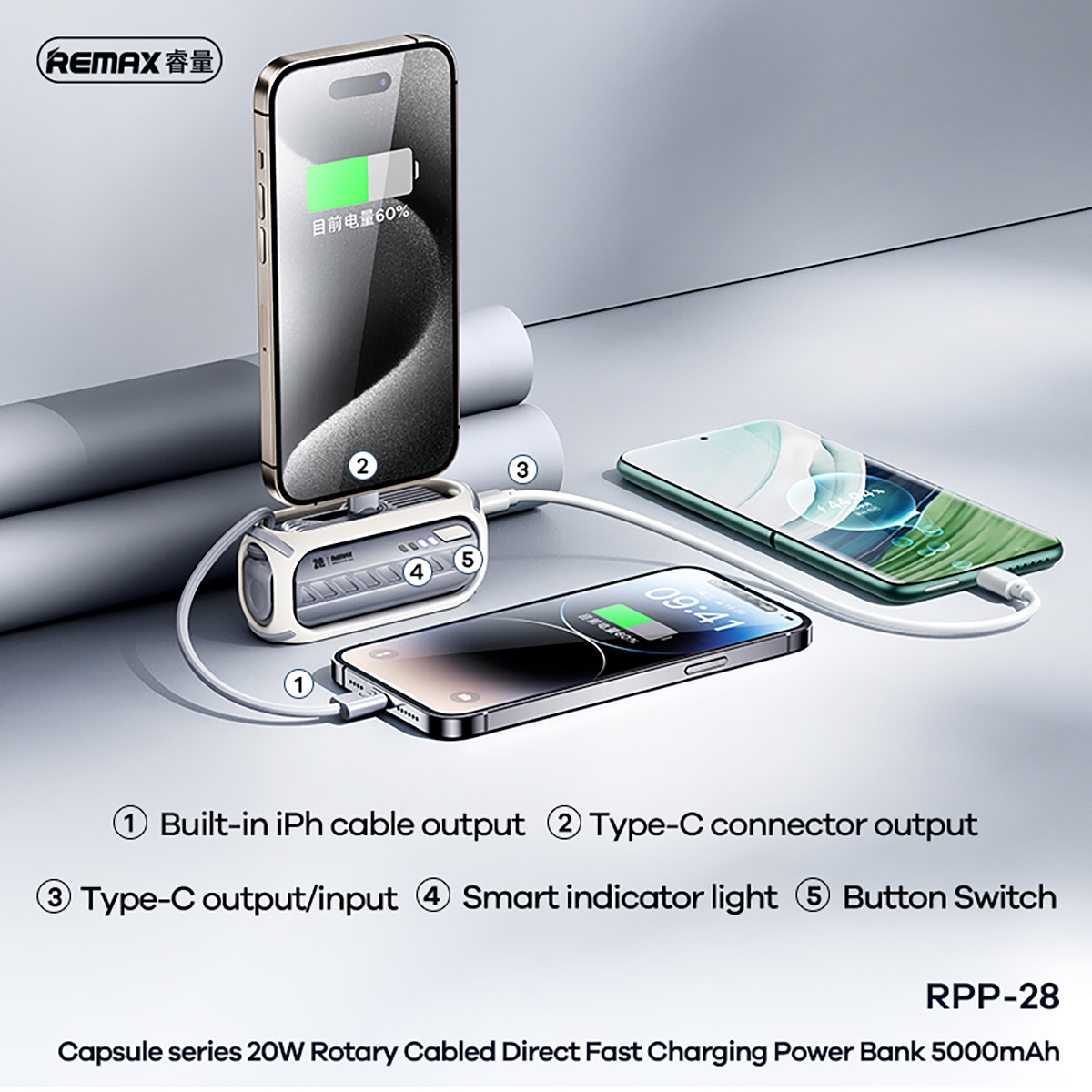 5000mAh Large Capacity: Provides long-lasting power for extended use.
Three-in-One Charging Ports: Built-in iPhone cable, Type-C output/input, compatible with various devices.
20W Fast Charging: Supports PD protocol for quick charging.
Smart Indicator Light: LED light shows remaining power, always know the charging status.
Portable Design: Compact and lightweight, perfect for on-the-go use and travel.
Safety Protection: 10 layers of safety protection mechanisms ensure charging safety.
Creative Appearance: High-tech look makes charging a visual pleasure.
Multi-Functional Use: Can be used as a phone holder and lanyard, convenient and practical., Capsule series 20W Rotary Cabled Direct Fast Charging Power Bank 5000mAh - Blue