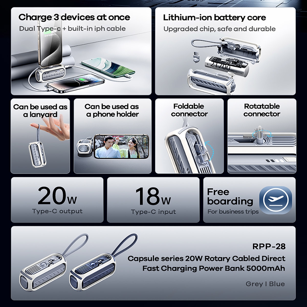5000mAh Large Capacity: Provides long-lasting power for extended use.
Three-in-One Charging Ports: Built-in iPhone cable, Type-C output/input, compatible with various devices.
20W Fast Charging: Supports PD protocol for quick charging.
Smart Indicator Light: LED light shows remaining power, always know the charging status.
Portable Design: Compact and lightweight, perfect for on-the-go use and travel.
Safety Protection: 10 layers of safety protection mechanisms ensure charging safety.
Creative Appearance: High-tech look makes charging a visual pleasure.
Multi-Functional Use: Can be used as a phone holder and lanyard, convenient and practical., Capsule series 20W Rotary Cabled Direct Fast Charging Power Bank 5000mAh - Blue
