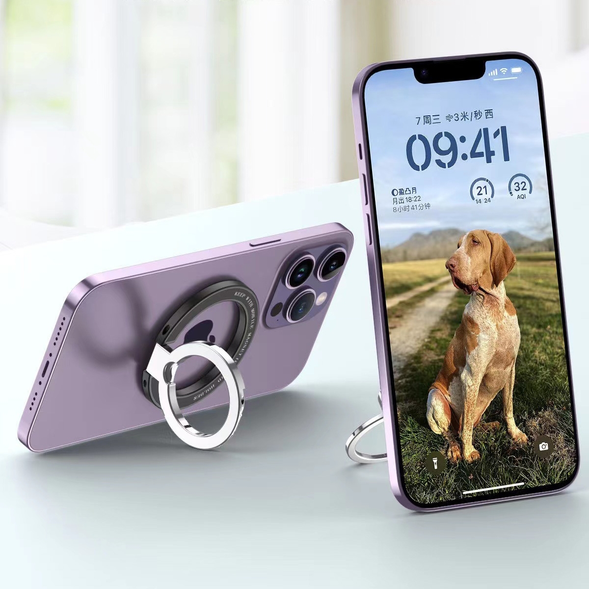 Strong Magnetic Suction: Built-in strong magnets ensure secure attachment of your phone or tablet, preventing accidental drops.
Dual Pivot Design: Adjustable dual angles up to 180°, with 360° free rotation to meet various viewing needs.
Wireless Charging Compatible: Precisely aligns with the magnetic ring to enhance magnetic effect, charging speed is not affected while in use.
Car Mount Usage: Can be used as a car mount with stable magnetic suction that doesn