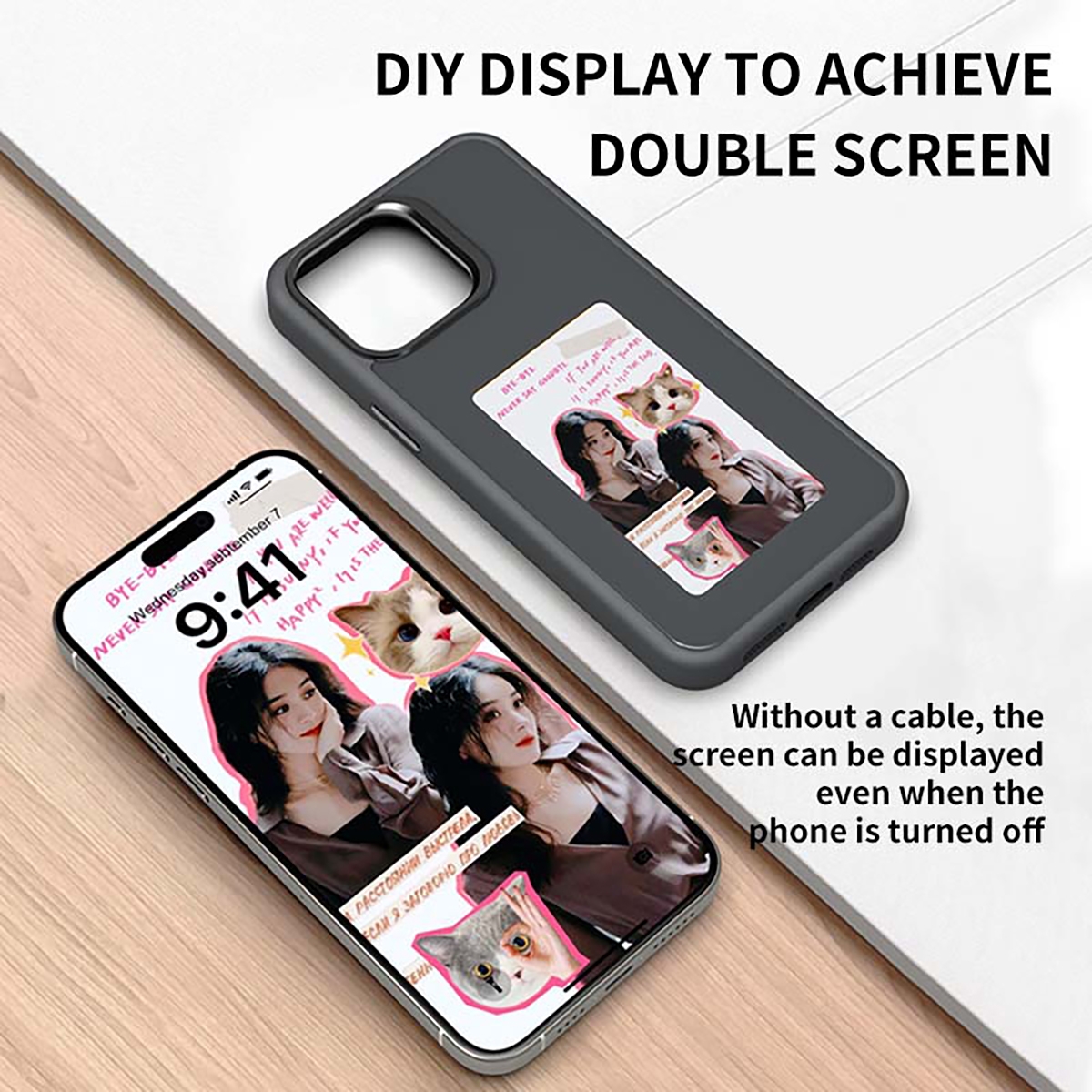 Passive NFC Ink Screen: No need for power, unlimited screen projection, AI-generated images within the APP, a vast array of materials, free and easy to change.
Slim Touch Feel: High-density silicone with a frosted feel, not easy to slip.
Four-Color Ink Screen: Richer colors, more precise details, better contrast, bringing a more realistic picture display.
NFC Passive Four-Color Ink Screen Phone Case: Original black technology, touch your heart, technology shell, leading fashion, no additional power required to display transmission content., Four-color ink Screen Phone Case (DIY Pattern) for iPhone 15 Pro Max - Black