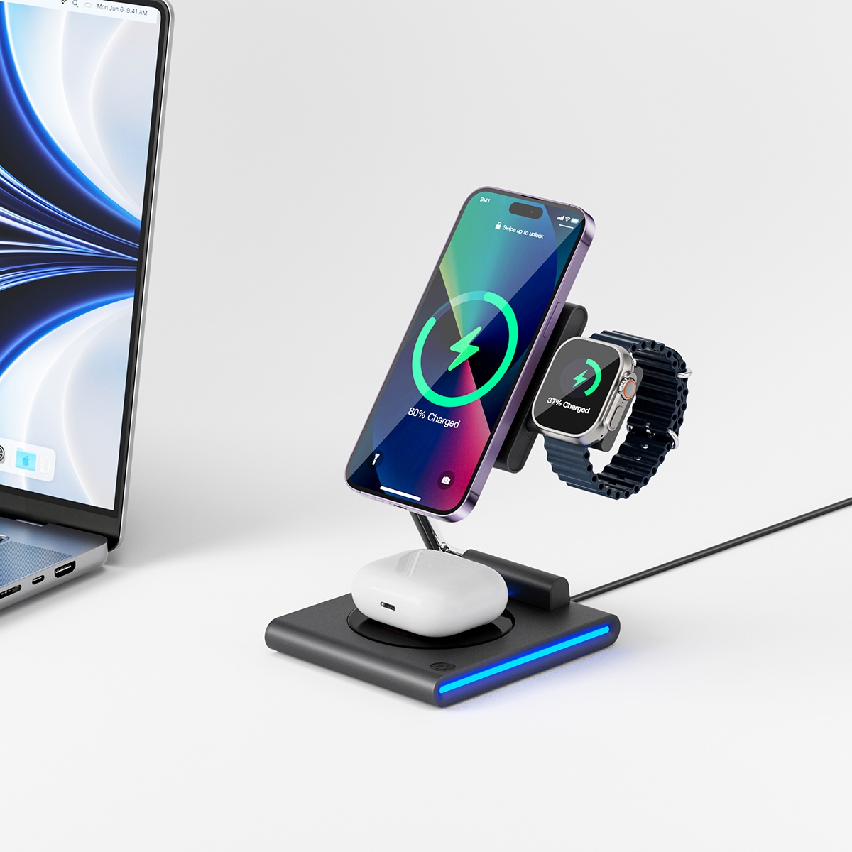 3 in 1 Charging: Supports simultaneous wireless charging for phone, earbuds, and watch, convenient and efficient.
15W Fast Charging: Offers up to 15W wireless fast charging to speed up the charging process.
Strong Magnetic Adsorption: Equipped with strong magnetic adsorption technology to keep devices stable during charging.
Foldable Design: Foldable design for easy portability and storage.
Smart Recognition: Automatically identifies charging devices to optimize charging efficiency.
LED Indicator: Built-in LED indicator shows charging status at a glance.
Wide Compatibility: Compatible with a variety of devices, including iOS and Android systems., WiWU 3 in 1 Wireless Charger