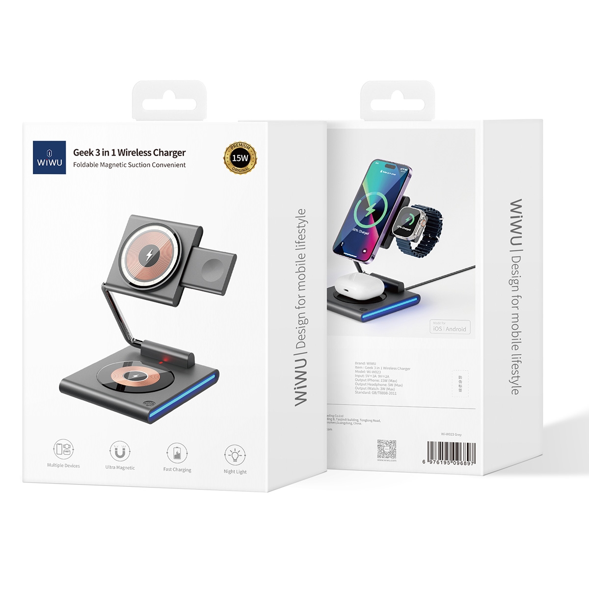 3 in 1 Charging: Supports simultaneous wireless charging for phone, earbuds, and watch, convenient and efficient.
15W Fast Charging: Offers up to 15W wireless fast charging to speed up the charging process.
Strong Magnetic Adsorption: Equipped with strong magnetic adsorption technology to keep devices stable during charging.
Foldable Design: Foldable design for easy portability and storage.
Smart Recognition: Automatically identifies charging devices to optimize charging efficiency.
LED Indicator: Built-in LED indicator shows charging status at a glance.
Wide Compatibility: Compatible with a variety of devices, including iOS and Android systems., WiWU 3 in 1 Wireless Charger