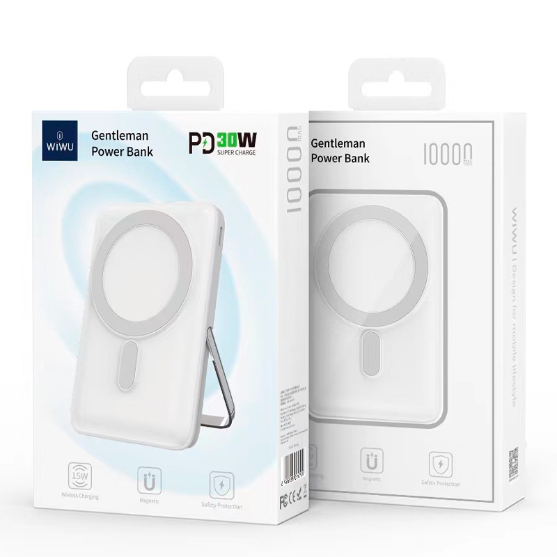Wireless Charging: Supports 15W wireless charging for fast and convenient charging.
Magnetic Design: Magnetic feature ensures stable adhesion of the phone for more stable charging.
Portable Stand: Built-in stand design for easy video watching or video calls.
High Capacity Battery: 10000mAh high capacity for long-lasting use on the go.
Fast Charging: Supports PD 30W supercharge for quick device charging.
Safety Protection: Multiple safety features ensure safe charging.
Stylish Appearance: Simple and stylish design suitable for various occasions., WiWU Trunk Series iPhone Wireless Power Bank 10000mAh - White