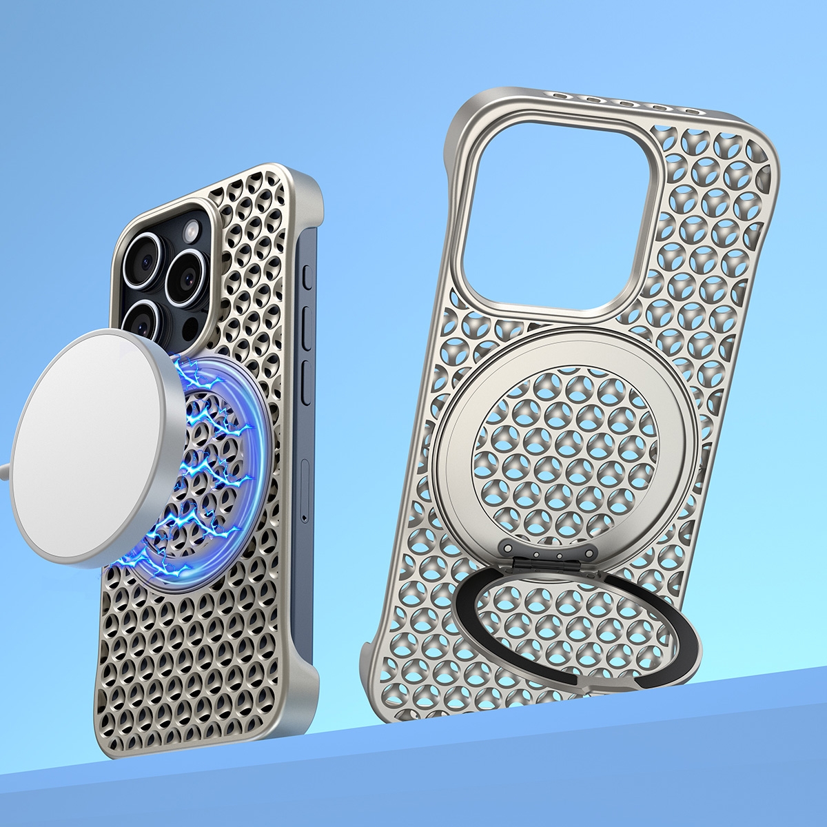 Metal Case with Front and Back Tempered Glass , Magnetic PC Case with Metal Paint and Ring for iPhone 15 Pro Max - Silver