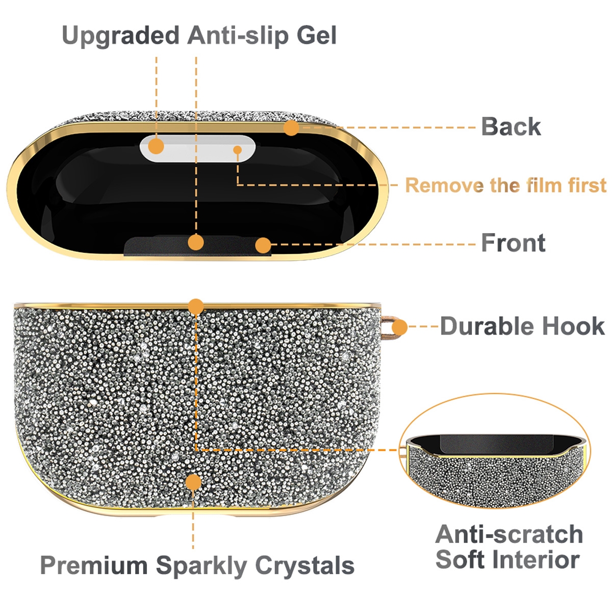 Full Coverage Design: Provides comprehensive protection against scratches and impacts.
Stylish Rhinestone Element: Features a fashionable rhinestone design, adding a touch of luxury.
Thermoforming Process: Ensures durability and a perfect fit.
Precise Cutouts Design: Accurate cutouts ensure easy access to all buttons and functions.
Comfortable Wearing Experience: Made of high-quality TPU material, lightweight and durable, providing a comfortable wearing experience., Fashion Case for Airpod 3rd - Silver