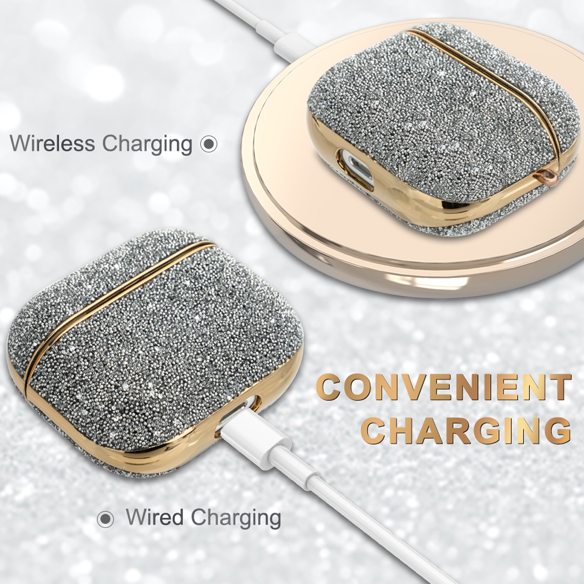 Full Coverage Design: Provides comprehensive protection against scratches and impacts.
Stylish Rhinestone Element: Features a fashionable rhinestone design, adding a touch of luxury.
Thermoforming Process: Ensures durability and a perfect fit.
Precise Cutouts Design: Accurate cutouts ensure easy access to all buttons and functions.
Comfortable Wearing Experience: Made of high-quality TPU material, lightweight and durable, providing a comfortable wearing experience., Fashion Case for Airpod 3rd - Silver