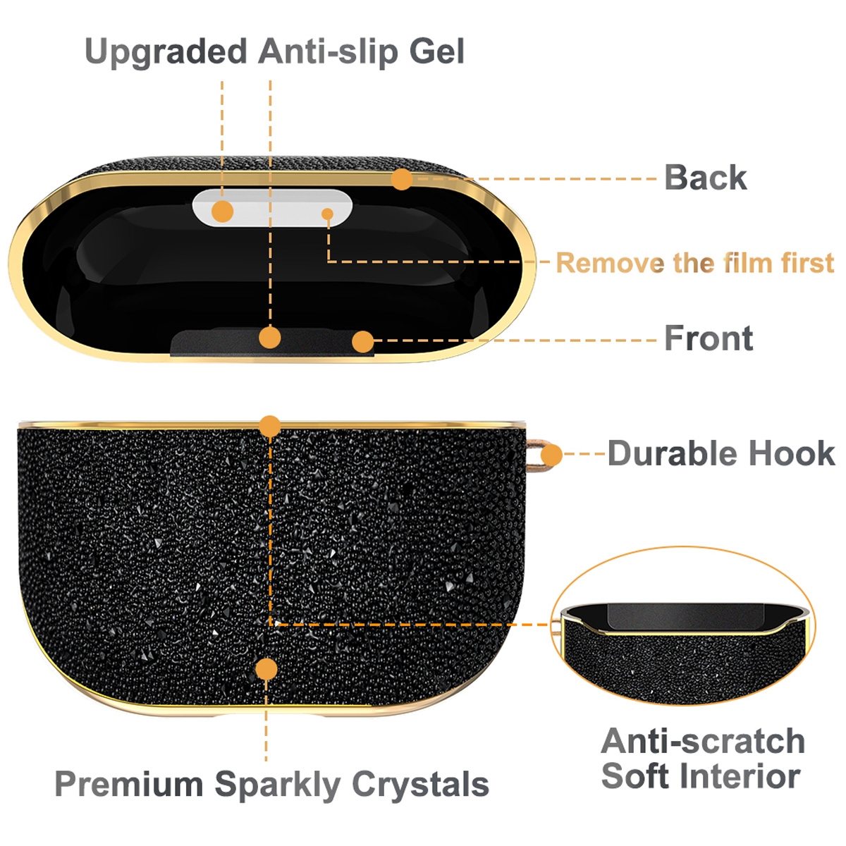 Full Coverage Design: Provides comprehensive protection against scratches and impacts.
Stylish Rhinestone Element: Features a fashionable rhinestone design, adding a touch of luxury.
Thermoforming Process: Ensures durability and a perfect fit.
Precise Cutouts Design: Accurate cutouts ensure easy access to all buttons and functions.
Comfortable Wearing Experience: Made of high-quality TPU material, lightweight and durable, providing a comfortable wearing experience., Fashion Case for Airpod 3rd - Black
