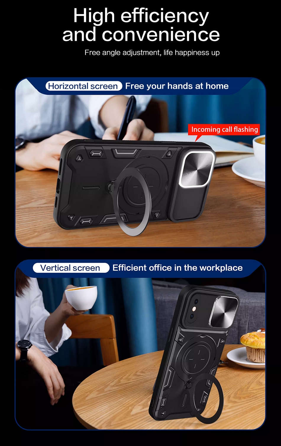 Car Mount Magnetic Military Shell,CD pattern sllding window
Alloy support
Pc backplane
lron sheet
TPU soft bottom,High efficiencyand convenience
Free angle adjustment, life happiness up
Horizontal screenFree your hands at home
Incoming call flashing,Vertical screen
Efficient office in the workplace,All round protectionSlide lensPhone needs to activate the call flash prompt function
Incoming call flashing,All inclusive lens
The screenis higher
All inclusive lens protection with lens sliding windowThe screen is higher than the protective film
COMBINATIONOF HARD AND SOFT
Perfect combination of tpu and pc, 2 in 1 Protect Case with Wireless Charging and Camera Protector for iPhone XR - Blue