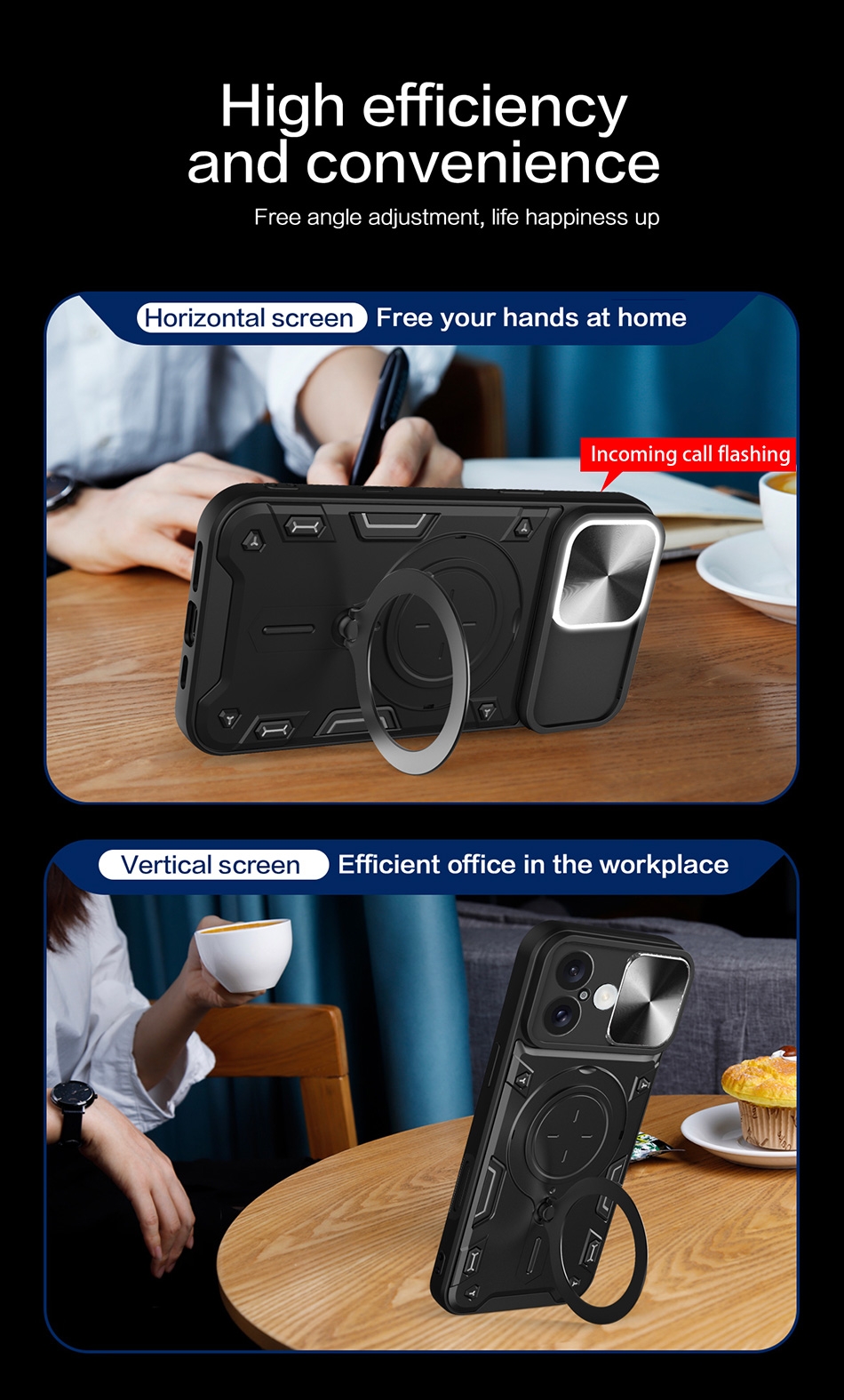 Car Mount Magnetic Military Shell,CD pattern sllding window
Alloy support
Pc backplane
lron sheet
TPU soft bottom,High efficiencyand convenience
Free angle adjustment, life happiness up
Horizontal screenFree your hands at home
Incoming call flashing,Vertical screen
Efficient office in the workplace,All round protectionSlide lensPhone needs to activate the call flash prompt function
Incoming call flashing,All inclusive lens
The screenis higher
All inclusive lens protection with lens sliding windowThe screen is higher than the protective film
COMBINATIONOF HARD AND SOFT
Perfect combination of tpu and pc, 2 in 1 Protect Case with Wireless Charging and Camera Protector for iPhone 16 Plus- Black