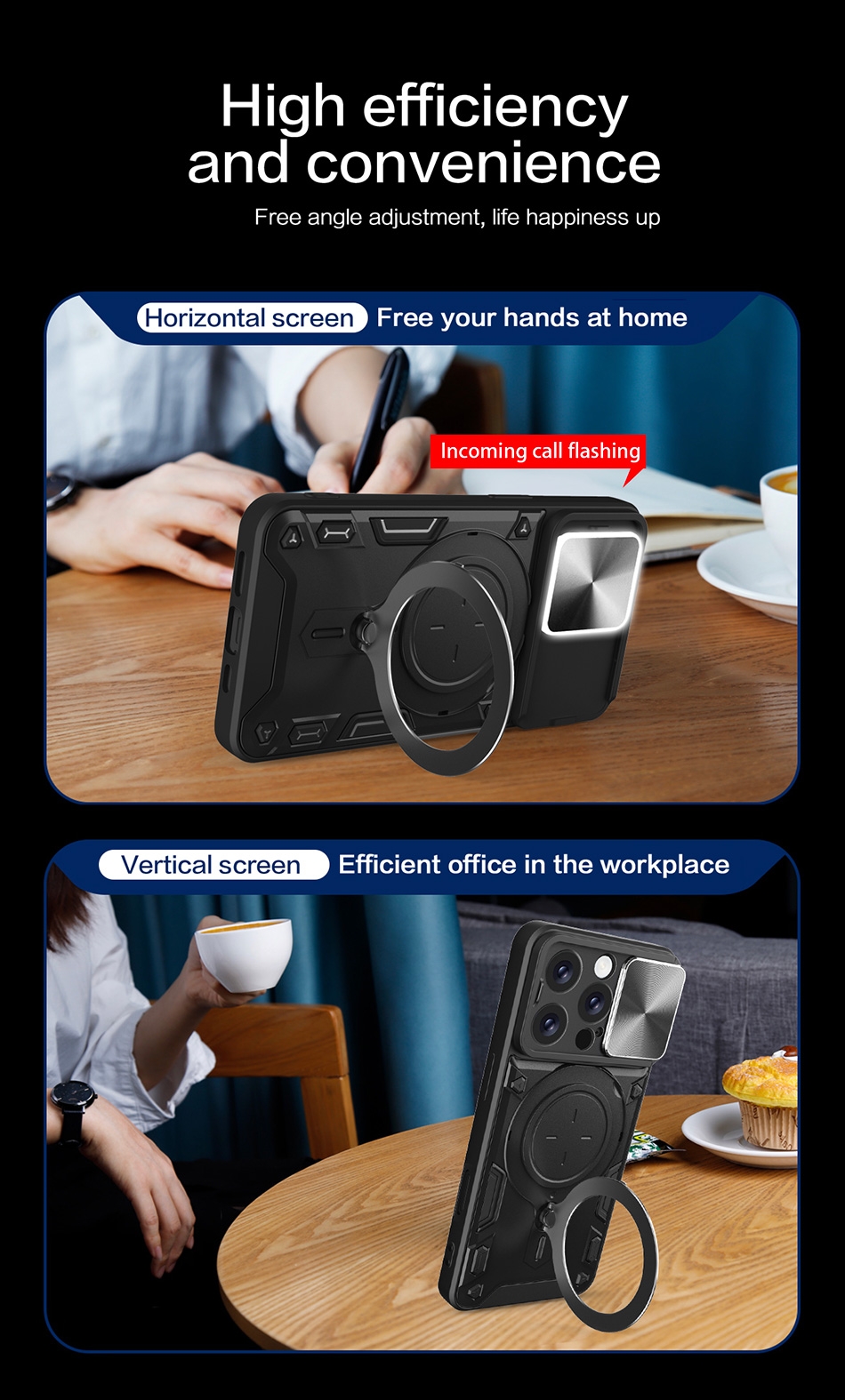 Car Mount Magnetic Military Shell,CD pattern sllding window
Alloy support
Pc backplane
lron sheet
TPU soft bottom,High efficiencyand convenience
Free angle adjustment, life happiness up
Horizontal screenFree your hands at home
Incoming call flashing,Vertical screen
Efficient office in the workplace,All round protectionSlide lensPhone needs to activate the call flash prompt function
Incoming call flashing,All inclusive lens
The screenis higher
All inclusive lens protection with lens sliding windowThe screen is higher than the protective film
COMBINATIONOF HARD AND SOFT
Perfect combination of tpu and pc, 2 in 1 Protect Case with Wireless Charging and Camera Protector for iPhone 16 Pro- Blue