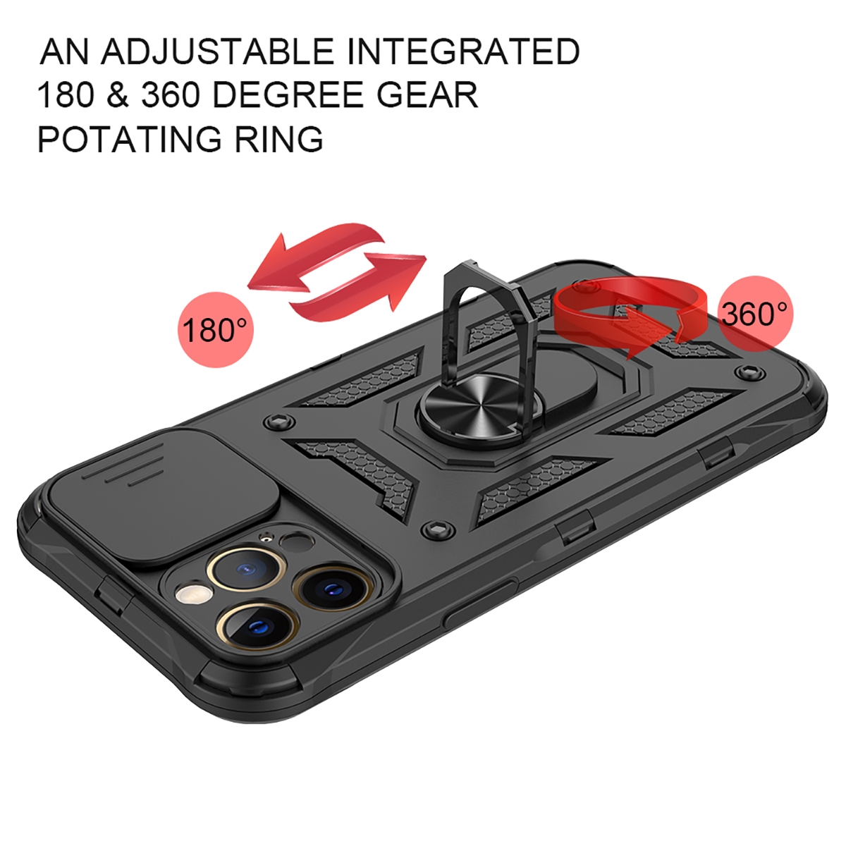 Metal Patch
TPU
FOR MAGNETIC
RING
PC+TPU
Metal Ring
SHOCKPROOF
KICKSTAND,AN ADJUSTABLE INTEGRATED 180 & 360 DEGREE GEARPOTATING RING, 2 in 1 Protect Case with Metal Ring and Camera Protector for iPhone 15 Pro Max - Rose Gold