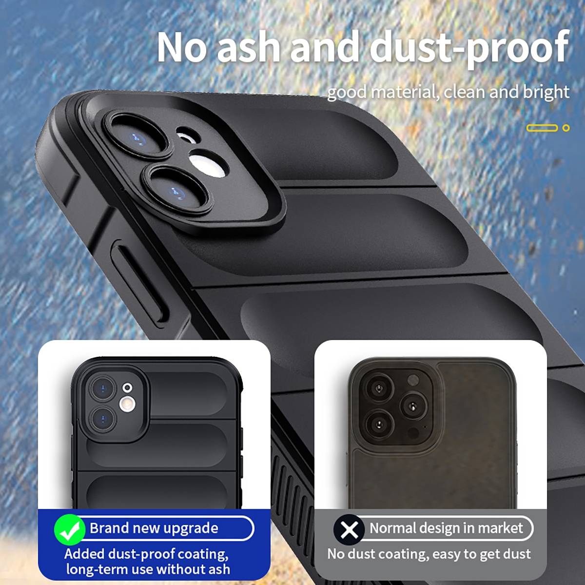 360°protection,Not afraid of falling
High resilience TPU wraps the body to
slow down the impact of drops,Invisible airbag{star}10Shock-absorbingand anti-drop
Comes with 10 invisible airbags, anti-dropcoefficient 20 times higher than ordinary shells,No ash and dust-proof
good material, clean and bright
Brand new upgrade
Added dust-proof coating,long-term use without ash,Washable,keepthe appearance ofproduct new
Rinse freely, not easy to fade, durable,Wireless charging,completelyunaffected
Slim with the phone perfect fit,full compatibility with wireless chargers,Perfect in the details
Thoughtful design, very particularabout the little things
Precise hole position
Headphone/data cable unplugged withoutresistance,original machine customization
Perfect fit
Real machine mold opening,Skin-friendly feel,touching theheartstrings
Comfortable skin-friendly grip makes you love it,Product features
Skin-friendly
Internal fiberflocking
Lens
full package
Anti-fouling &
dirt-resistant
Stronganti-drop
Support wirelesscharging,Anti-slip borderdesign
lmitating the design of car tires, it is noteasy to slip and has a better grip,Delicate flockedlining
Built-in fiber flocking to better protectthe back of the phone,Flexible protector
Flexible and delicate, easy to disassemble and
not scratch the machine,Fine hole design,better protection
Prevent lens scratches, do not coverphotosensitive, dust proofand anti-collision,Lens & ScreenProtection
Elevated edge design, full packageprotection is more secure,, Anti-Drop TPU Case for iPhone 11 - Dark Blue
