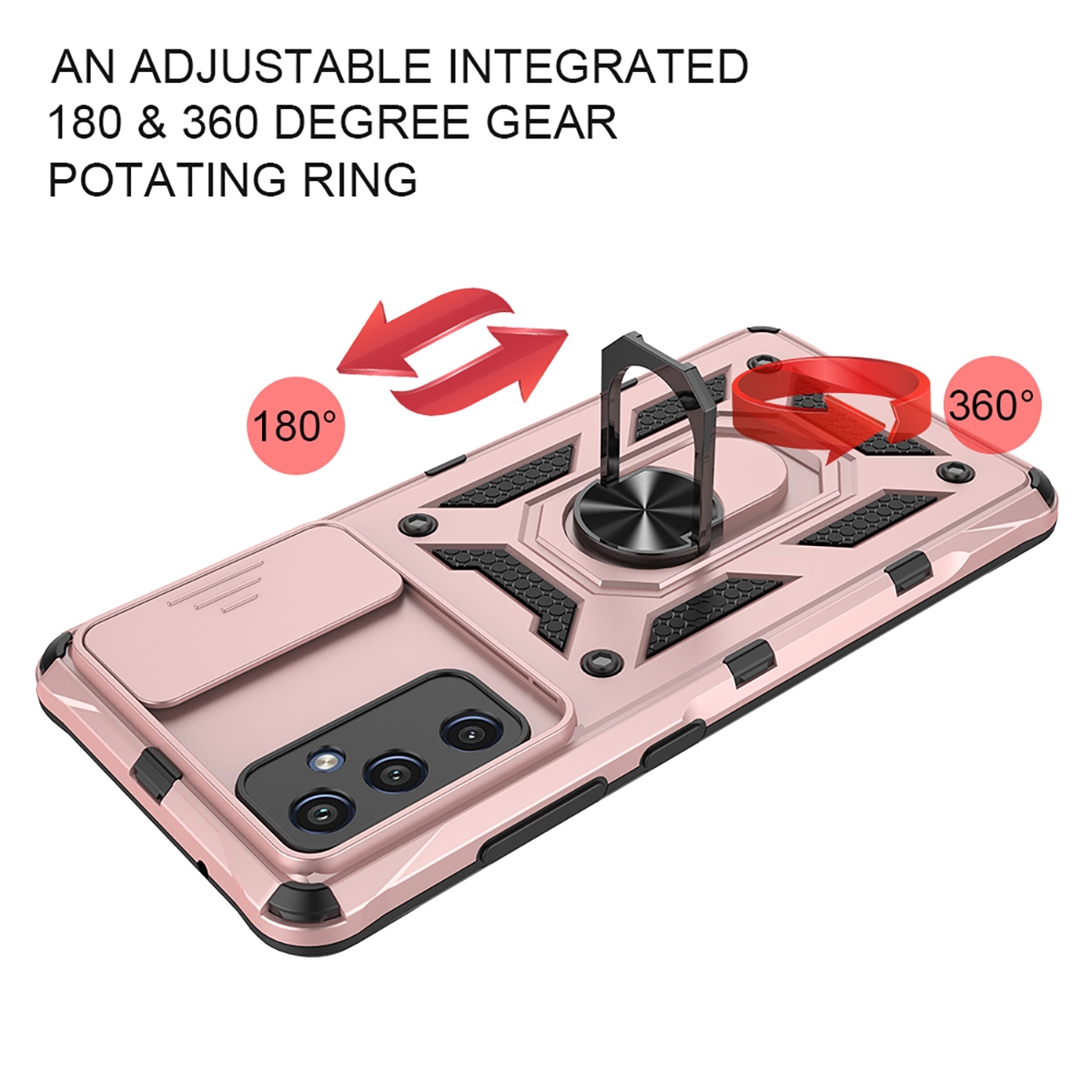Metal Patch
TPU
FOR MAGNETIC
RING
PC+TPU
Metal Ring
SHOCKPROOF
KICKSTAND,AN ADJUSTABLE INTEGRATED 180 & 360 DEGREE GEARPOTATING RING,  2 in 1 Protect Case with Metal Ring and Camera Protector for Samsung Galaxy S23 Plus 5G - Red