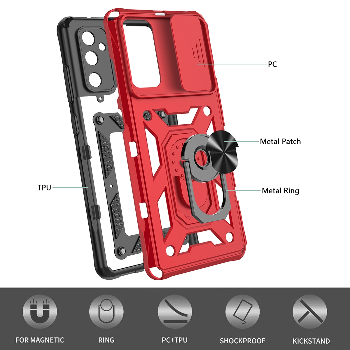 Metal Patch
TPU
FOR MAGNETIC
RING
PC+TPU
Metal Ring
SHOCKPROOF
KICKSTAND,AN ADJUSTABLE INTEGRATED 180 & 360 DEGREE GEARPOTATING RING,  2 in 1 Protect Case with Metal Ring and Camera Protector for Samsung Galaxy S23 Plus 5G - Red