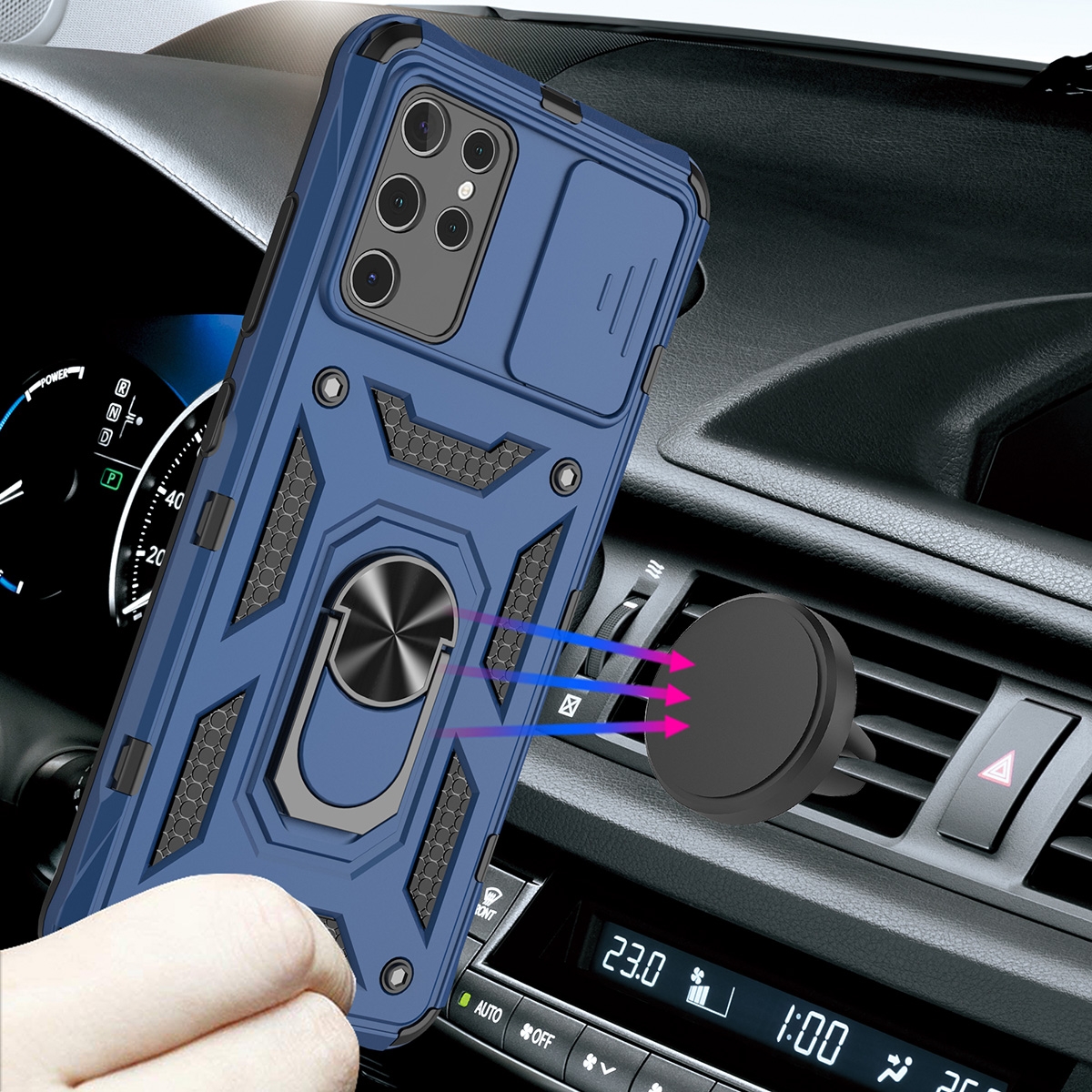 Metal Patch
TPU
FOR MAGNETIC
RING
PC+TPU
Metal Ring
SHOCKPROOF
KICKSTAND,AN ADJUSTABLE INTEGRATED 180 & 360 DEGREE GEARPOTATING RING, 2 in 1 Protect Case with Metal Ring and Camera Protector for Samsung Galaxy S23 Ultra 5G - Blue