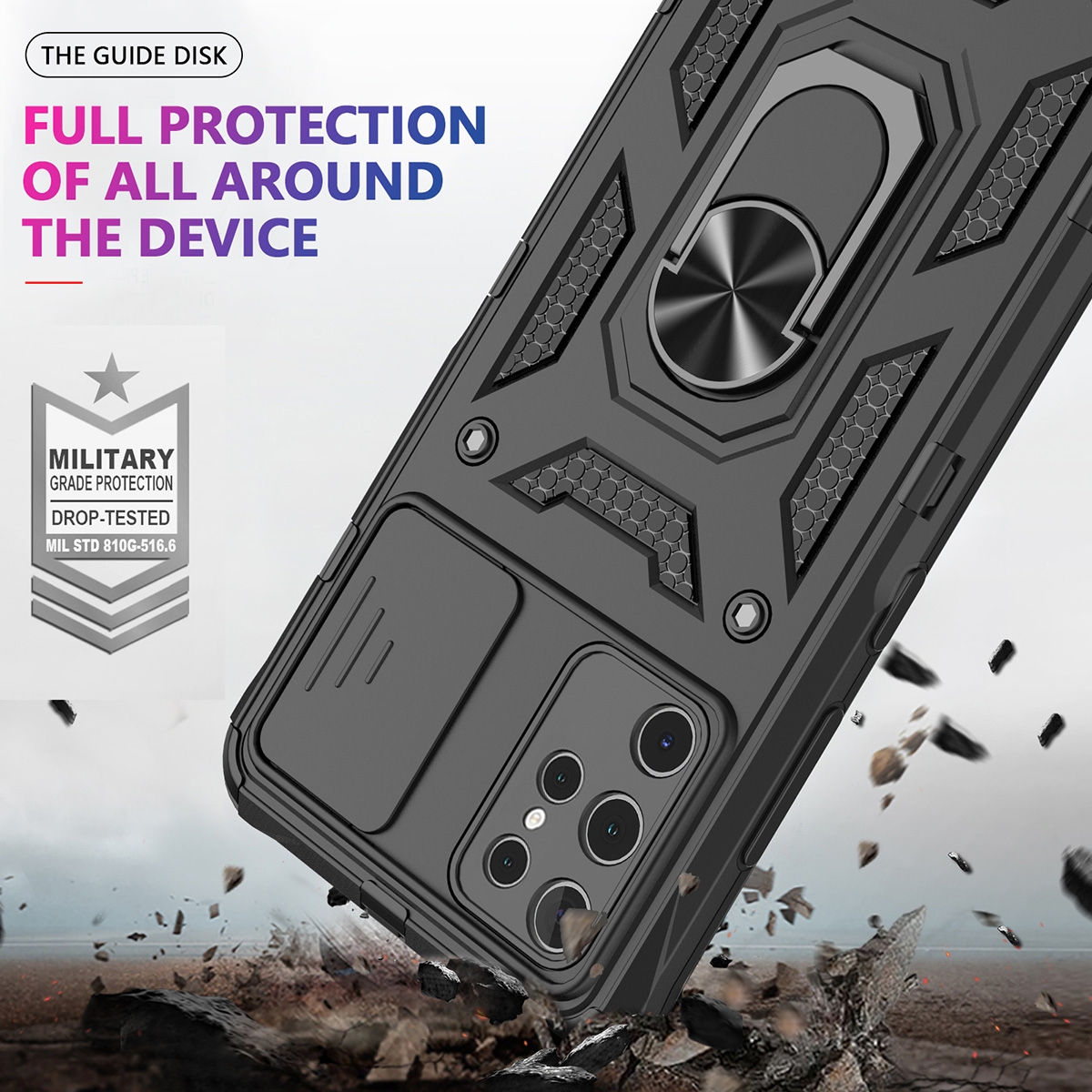 Metal Patch
TPU
FOR MAGNETIC
RING
PC+TPU
Metal Ring
SHOCKPROOF
KICKSTAND,AN ADJUSTABLE INTEGRATED 180 & 360 DEGREE GEARPOTATING RING, 2 in 1 Protect Case with Metal Ring and Camera Protector for Samsung Galaxy S23 Ultra 5G - Blue