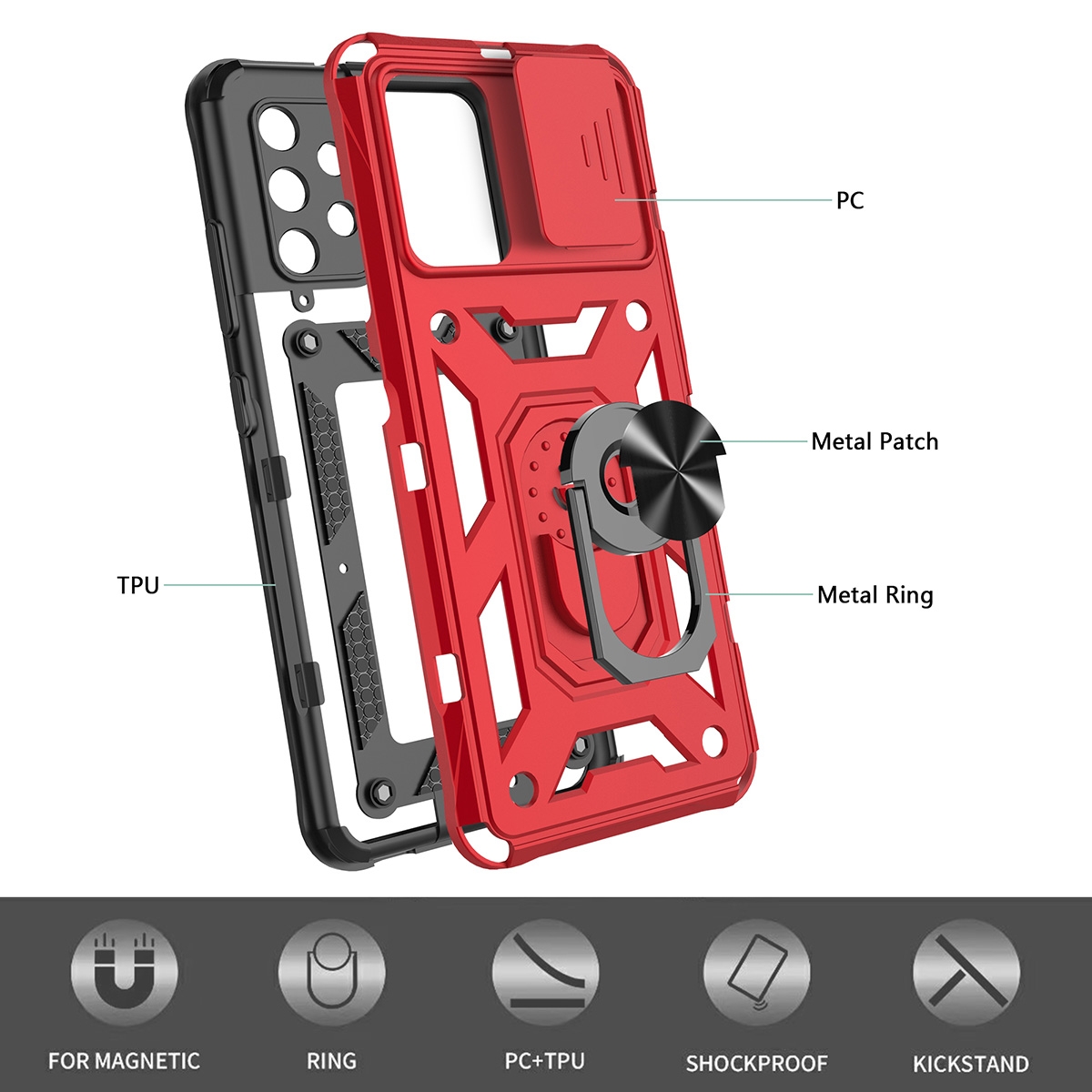 Metal Patch
TPU
FOR MAGNETIC
RING
PC+TPU
Metal Ring
SHOCKPROOF
KICKSTAND,AN ADJUSTABLE INTEGRATED 180 & 360 DEGREE GEARPOTATING RING, 2 in 1 Protect Case with Metal Ring and Camera Protector for Samsung Galaxy S23 Ultra 5G - Blue