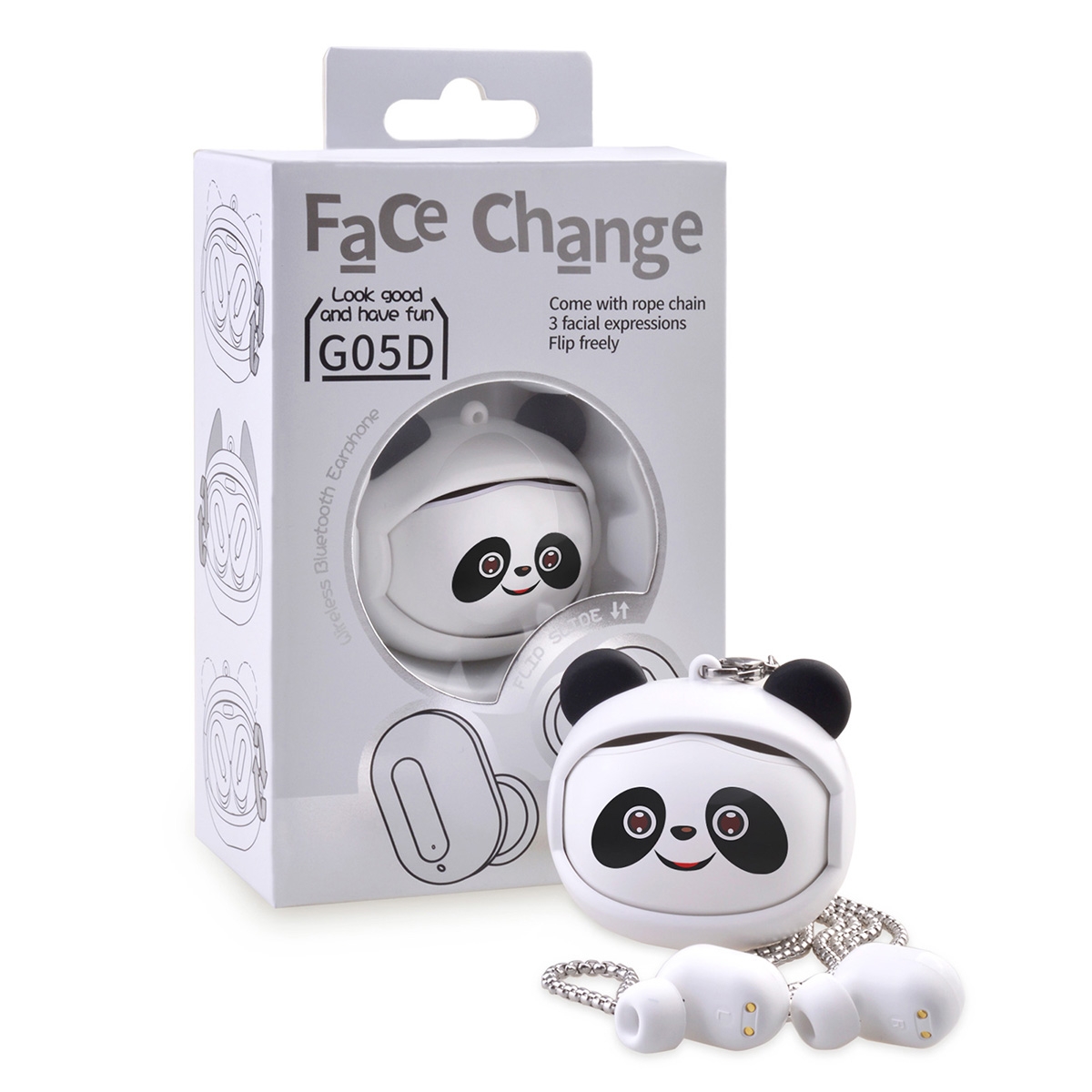 Bluetooth 5.3 chip for a stable and fast connection experience.
Adorable panda design with three interchangeable expressions for added fun.
Touch control for easy music play and call management.
Ultra-lightweight at 3.5g, comfortable for long periods of wear.
Space pod design, stylish and trendy, convenient to carry.
High-definition call quality for clear communication.
5 hours of playtime per charge, with a total of 30 hours when using the charging case.
Water-resistant design for everyday use against splashes., Multi Pattern Face Change Earphone